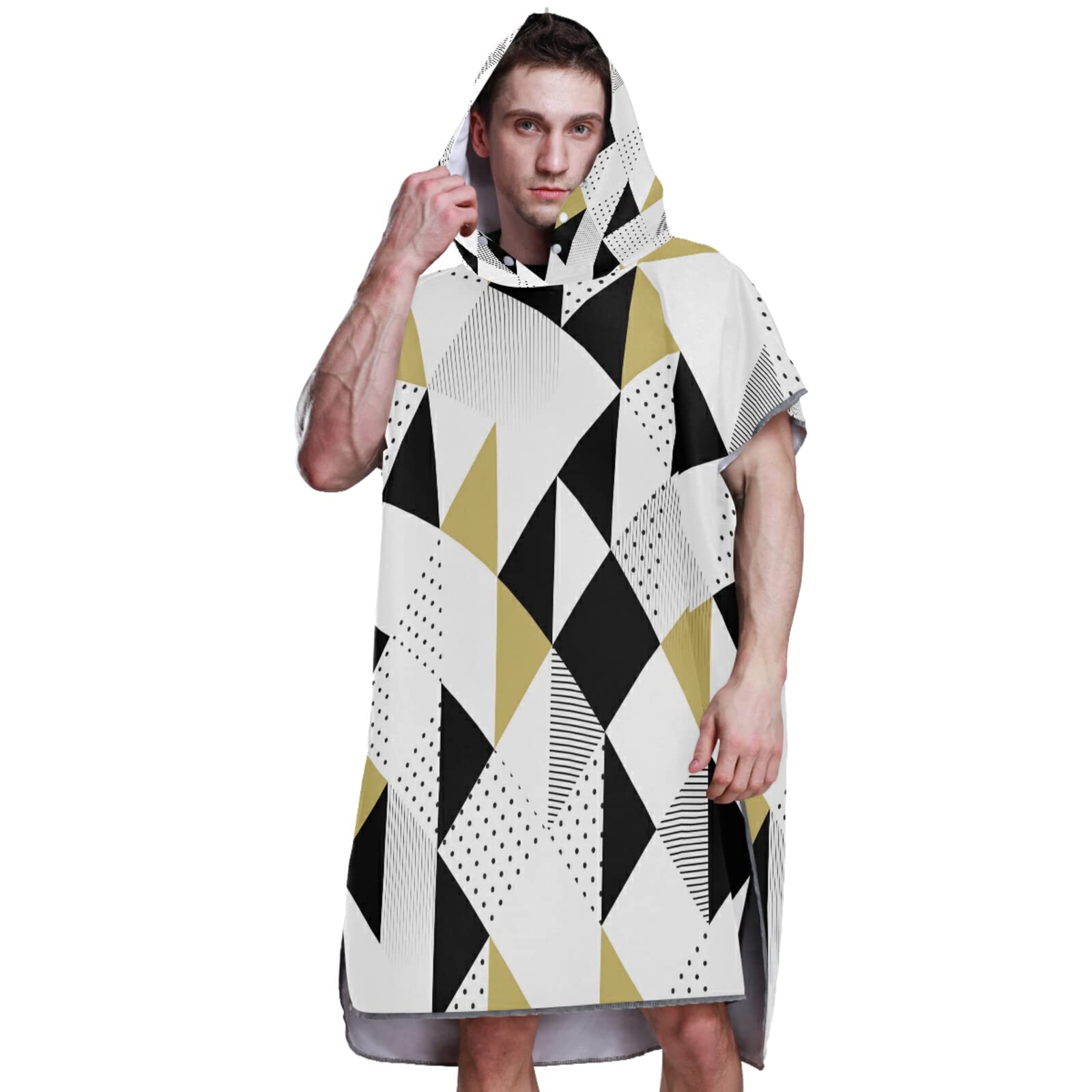 Badeponcho mit Kapuze und Tasche, schnelltrocknender Bademantel, Mikrofaser-Handtuch, Neoprenanzug für Bad, Strand, Outdoor, goldfarben / Schwarz / Weiß mit schwarzen Punkten, geometrisches Muster