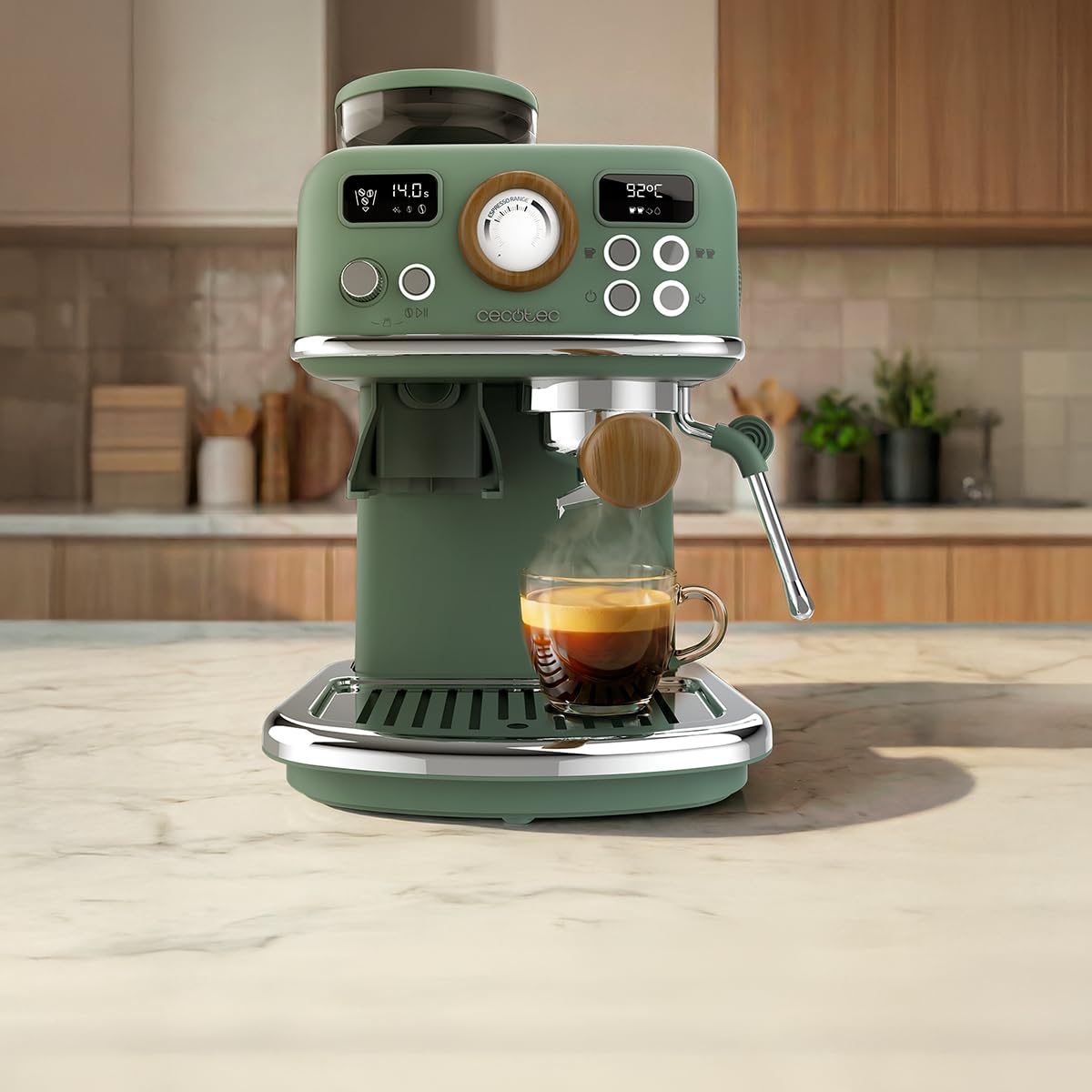 Cecotec Espressomaschine Power Espresso 20 Tradizionale Grind. 1500 W, 20 Bar, PID-Temperatur, Thermoblock, integriertes Mahlwerk, Cold-Brew, Milchschäumer, 1,8 L, Manometer