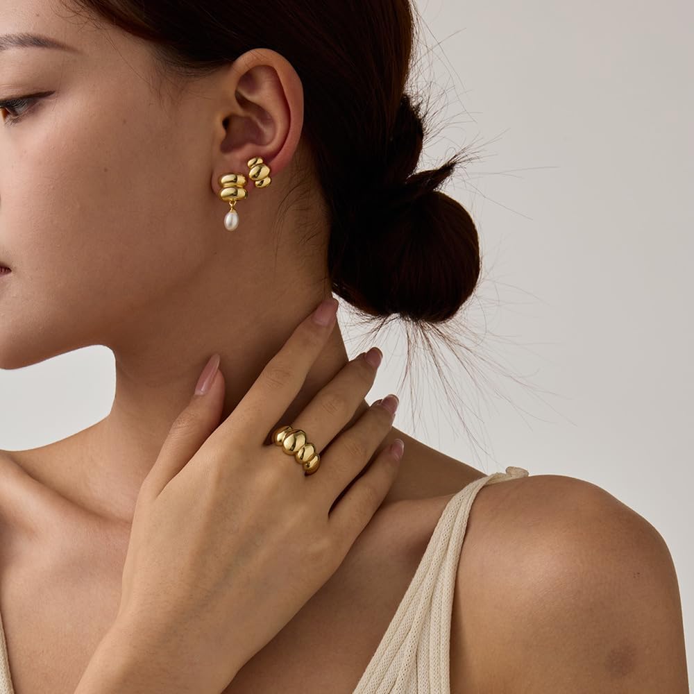 UneDouce Gold Chunky Dome Rings for Women | Textured Puffy Statement Band Ring Stacks | 14K Gold Plating Adjustable Rings for Women - Image 6