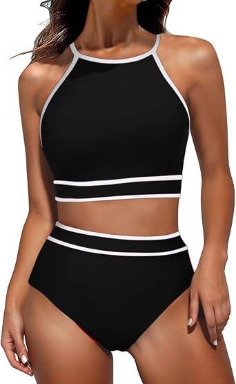 Uillui Womens High Waisted Bikini Sets Color Block High Cut Sporty Two Piece Swimsuit U Neck Swim Top Athletic Bathing Suits