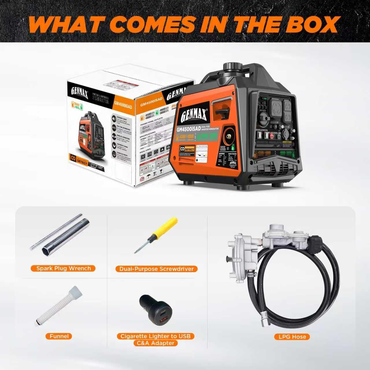 Contents of the GENMAX GM4500iSAD generator box including the generator, LPG hose, oil funnel, spark plug wrench, dual-purpose screwdriver, and USB adapter.