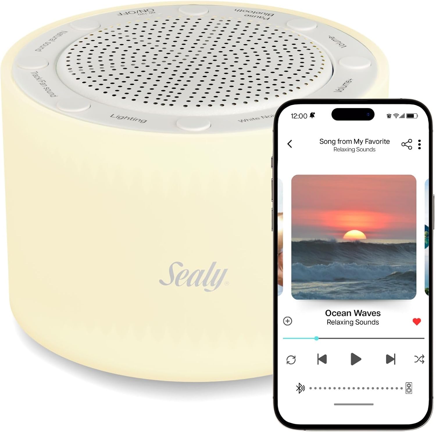Sealy Wireless Sleep Sound Machine & Night Light – 14 Sound Modes (White Noise, Nature, Fan), Bluetooth Speaker, 2 Brightness Levels, 2 Timer Settings, Rechargeable Battery, 3H Playtime