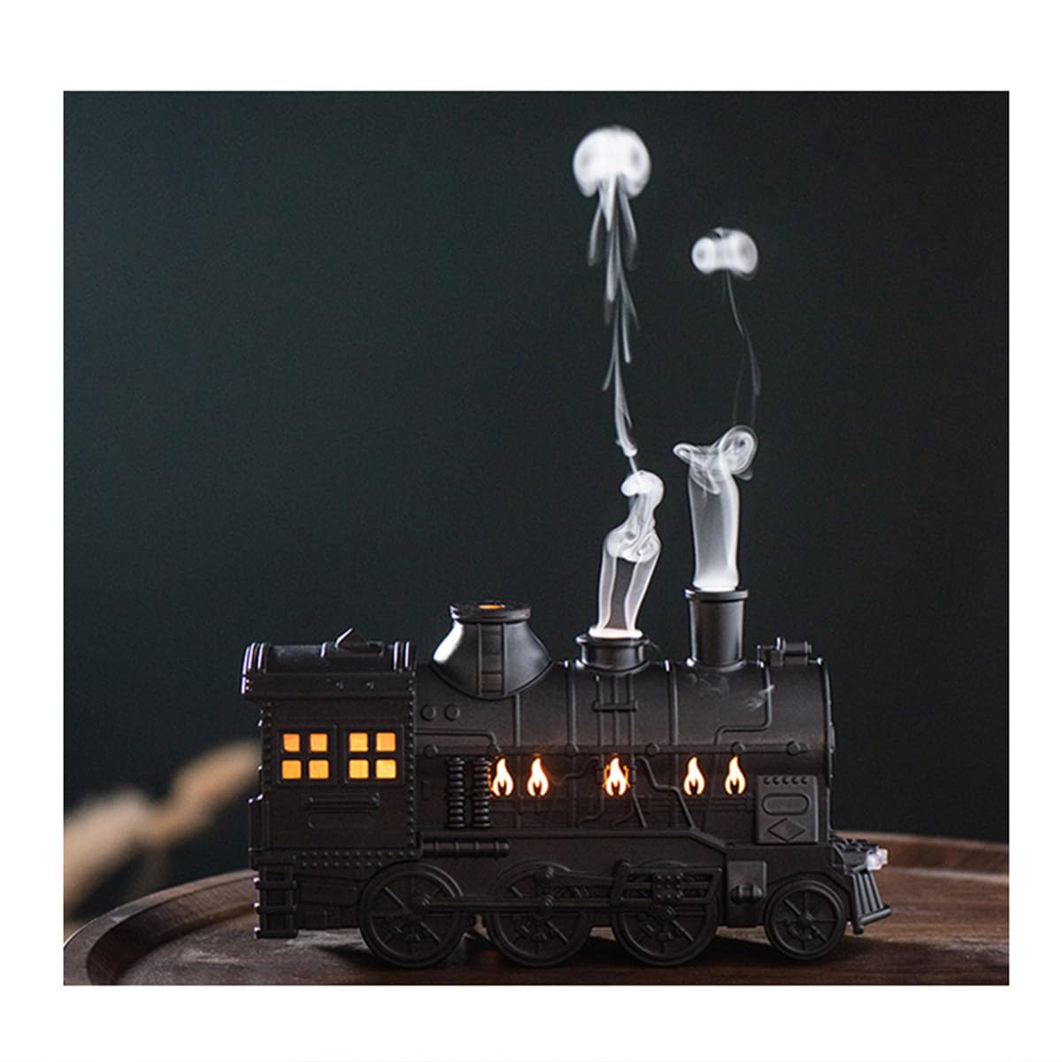 Lokomotywa parowa w stylu vintage, 300 ml, z brązu, podwójne oświetlenie LED, ultralekki nawilżacz powietrza, nawilżacz powietrza, dyfuzor oleju, aromaterapia z automatycznym wyłączaniem (czarny)