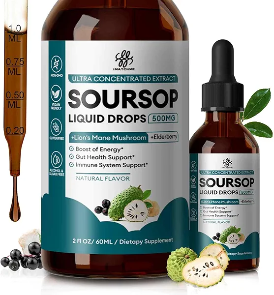Soursop Graviola Liquid Drop with Elderberry & Lion Mane Mushroom, Soursop Bitter Liquid for Immune, Gut, Antioxidants, Cell & Energy Support, Sugar-Free, 3X Power Herbal, Natural Flavor, 2 Fl Oz