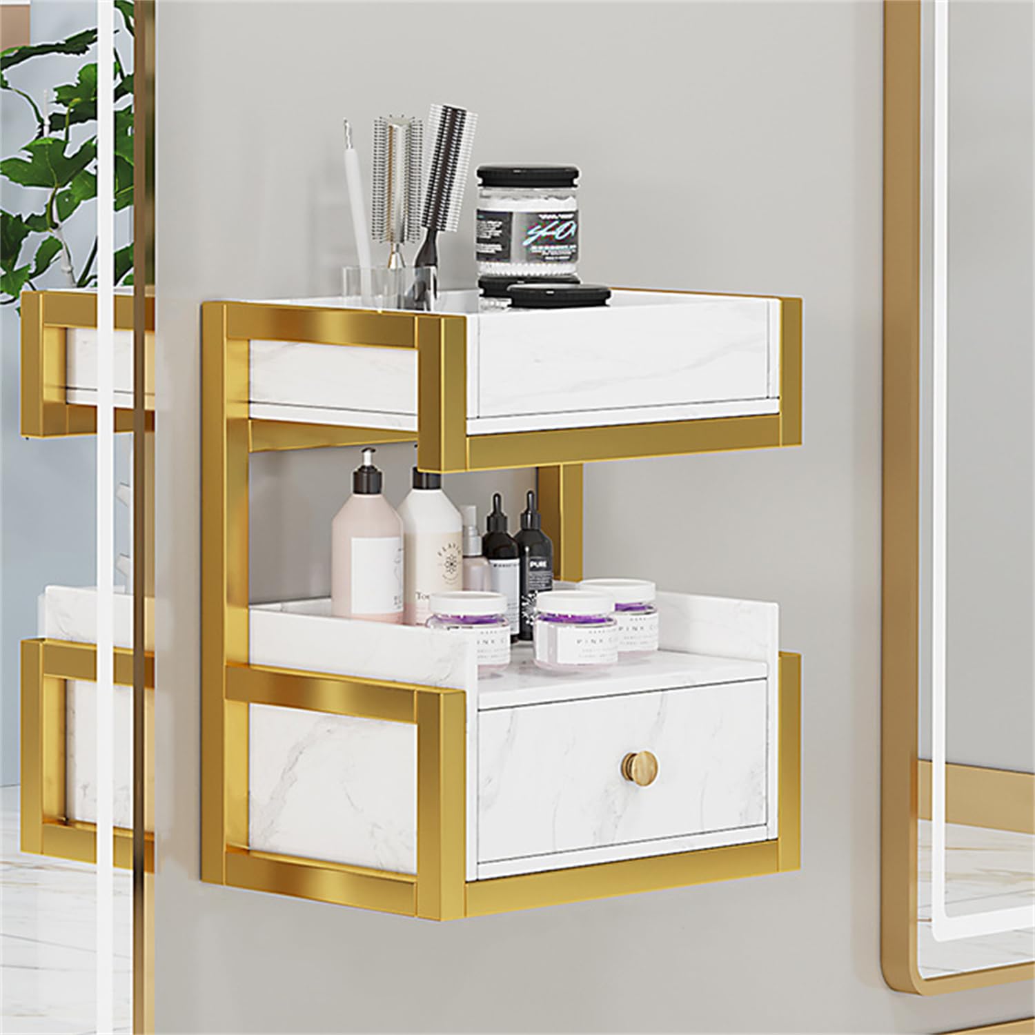 Naścienna stacja salonowa z szufladą do przechowywania – szafka fryzjerska do cięcia i stylizacji – idealna do instalacji Beauty Spa i profesjonalnego wyposażenia salonu