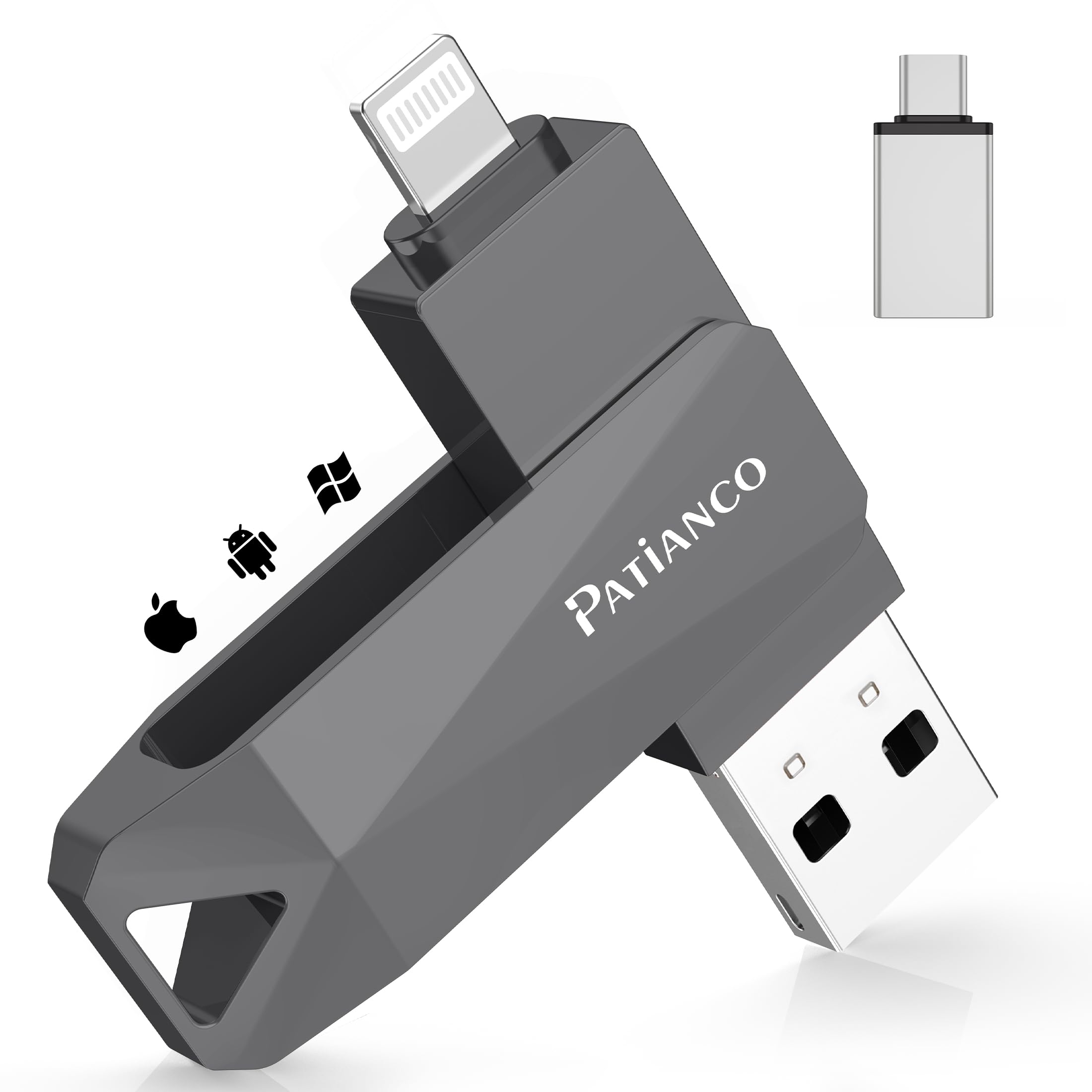 Chiavetta USB per iPhone 256GB,[MFi Certified] Patianco 3 in 1 Pendrive per Lightning USB 3.0 Chiave USB C per iphone per Scaricare Foto Memoria Stick per OTG Smartphone/Mac/PC/TypeC-iPhone/iPad(Nero)