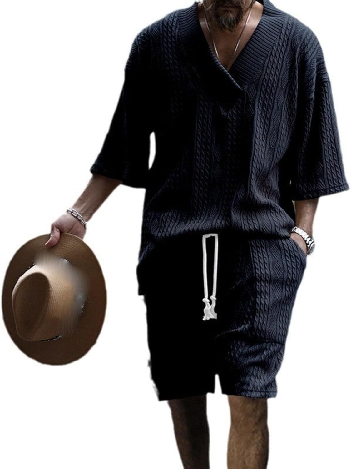 Men's Casual Track Suits 2 Piece Sets Summer V-Neck Short Sleeve T-Shirt and Shorts