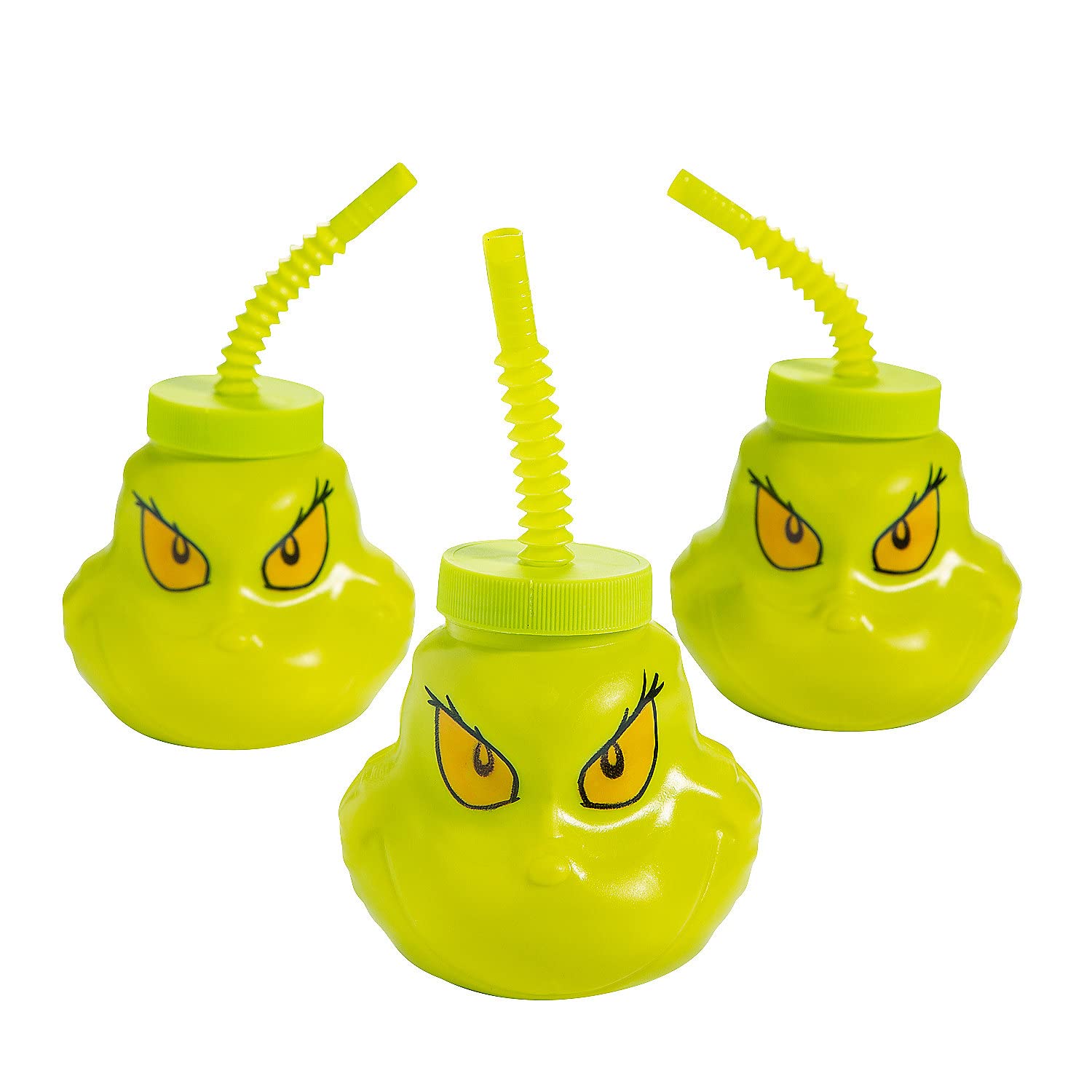 Fun Express 12 Pieces Grinch Cups with Lids & Straws, Holds 14 oz, BPA Free Plastic, Christmas Party Supplies, Green
