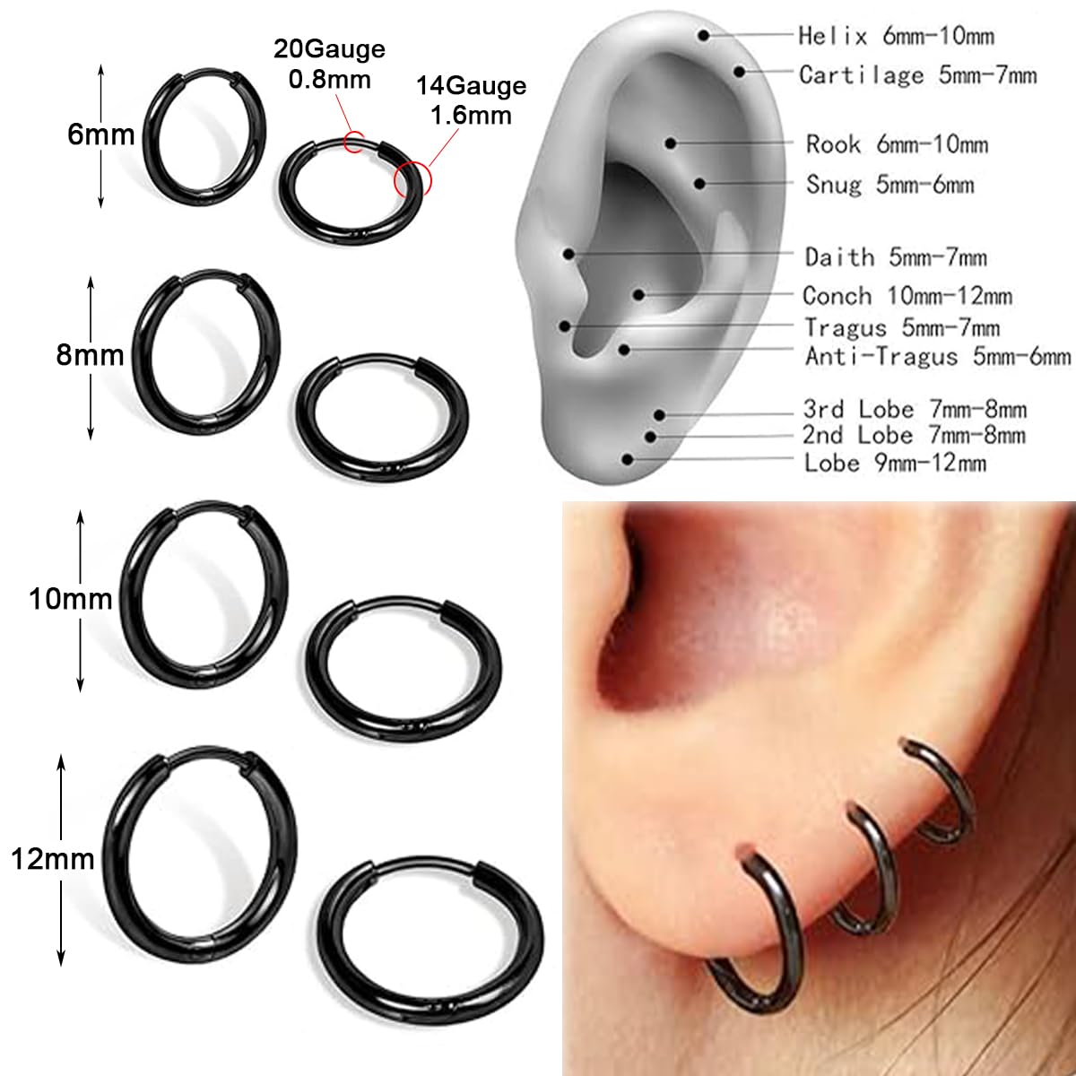 4 Pairs Black Earrings for Men Women, 316L Surgical Stainless Steel Small Hoop Earrings Hypoallergenic Non Tarnish Cartilage Hoop Earrings for Multiple Piercing Huggie Earrings Jewelry (Black-1.6mm) - Image 2