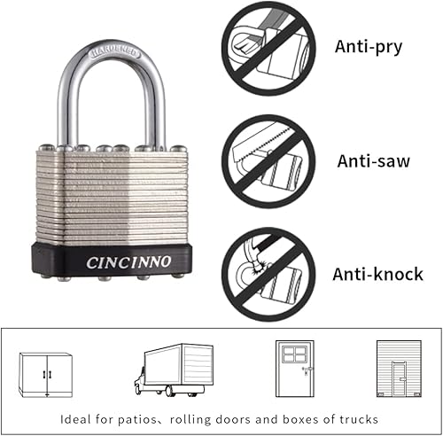 Miniatura 4 de CINCINNO Candado de acero laminado chapado en níquel de 1.575 in con llave igual, 1-916 pulgadas de cuerpo ancho, candados de grillete de 1 pulgada