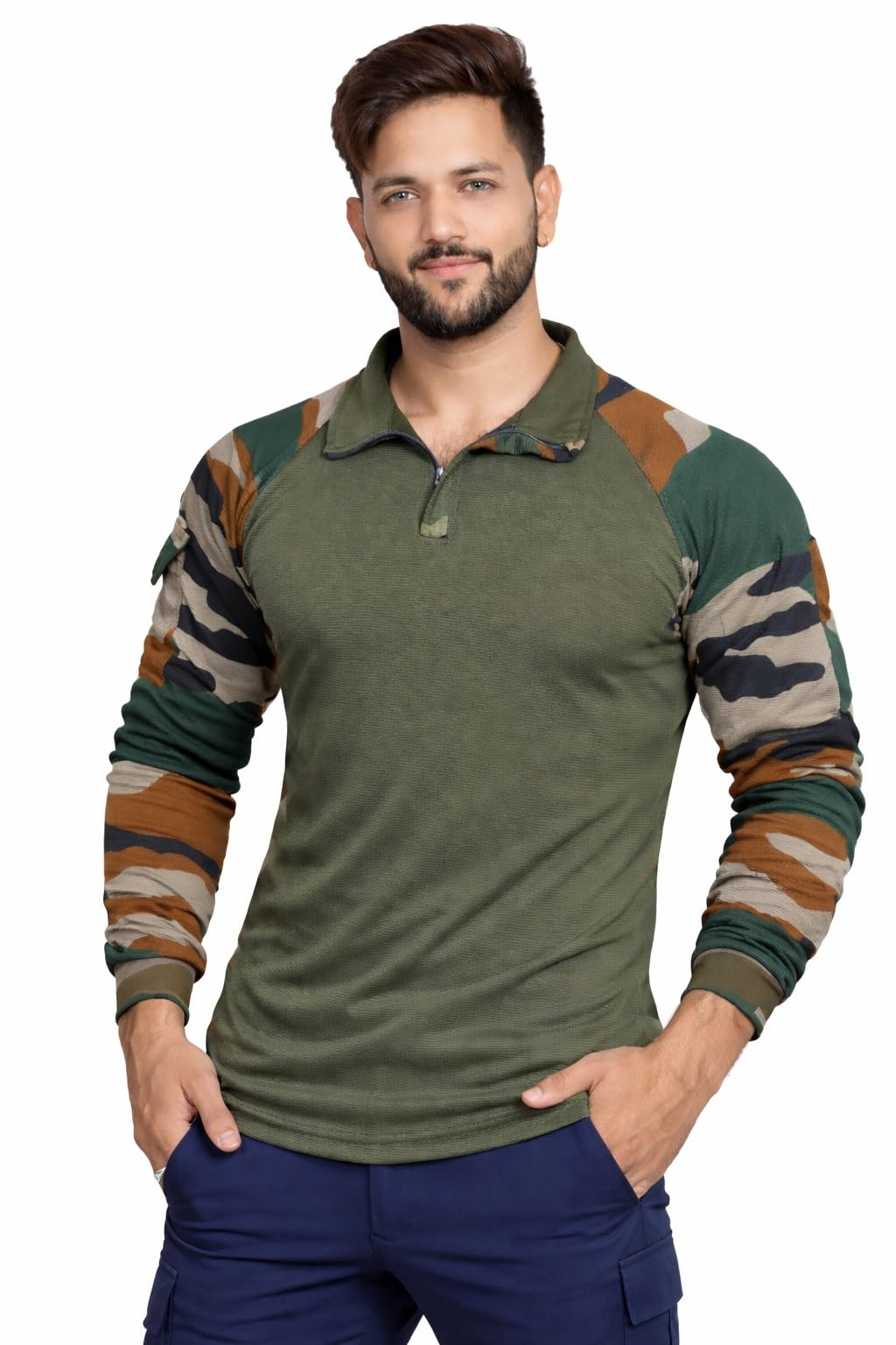 axolotl Men's Full Sleeve Polo T-Shirt, Olive Green with Camouflage Raglan Sleeves, Zip Collar, Casual Style-picture-6