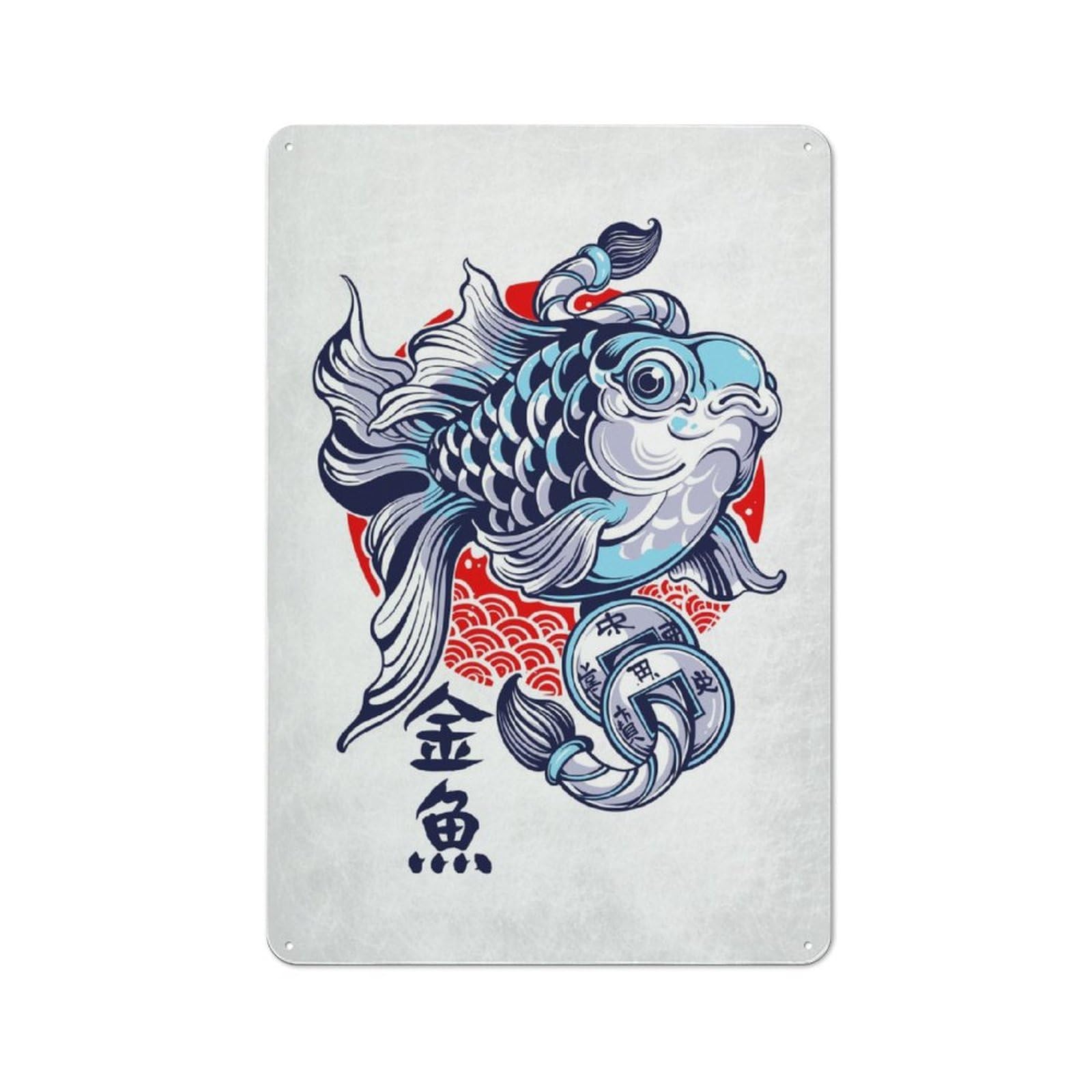 Junmoney Fish Japan Rustic Tin Wall Plaque 30X20cm For Studio Or Craft Room, For Garage, Workshop And Man Cave Decoration