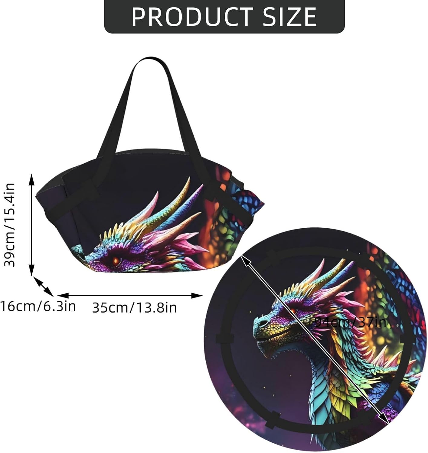 Dragon With Colorful Tail Pattern Foldable Camping Tote Bag Picnic Blanket Bag Portable Beach Mat Tote Waterproof Outdoor Picnic Mat Carry Bag