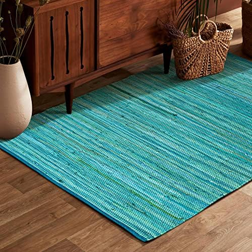 100% Cotton Rag Rug 3x5' Multicolor Chindi Rug - Hand Woven & Reversible for Living Room Kitchen Entryway Rug - Teal,Kitchen Rugs, Farmhouse Rugs, Rugs for Living & Bedroom,Woven Rugs