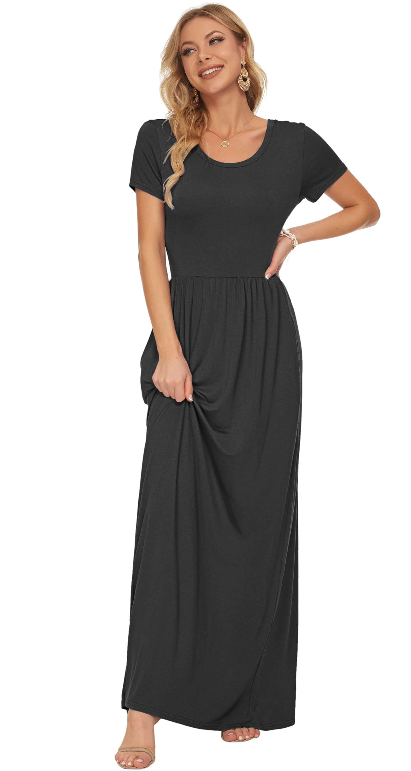 AUSELILY Damen Kurzarm Sommer Maxi Kleider mit Taschen