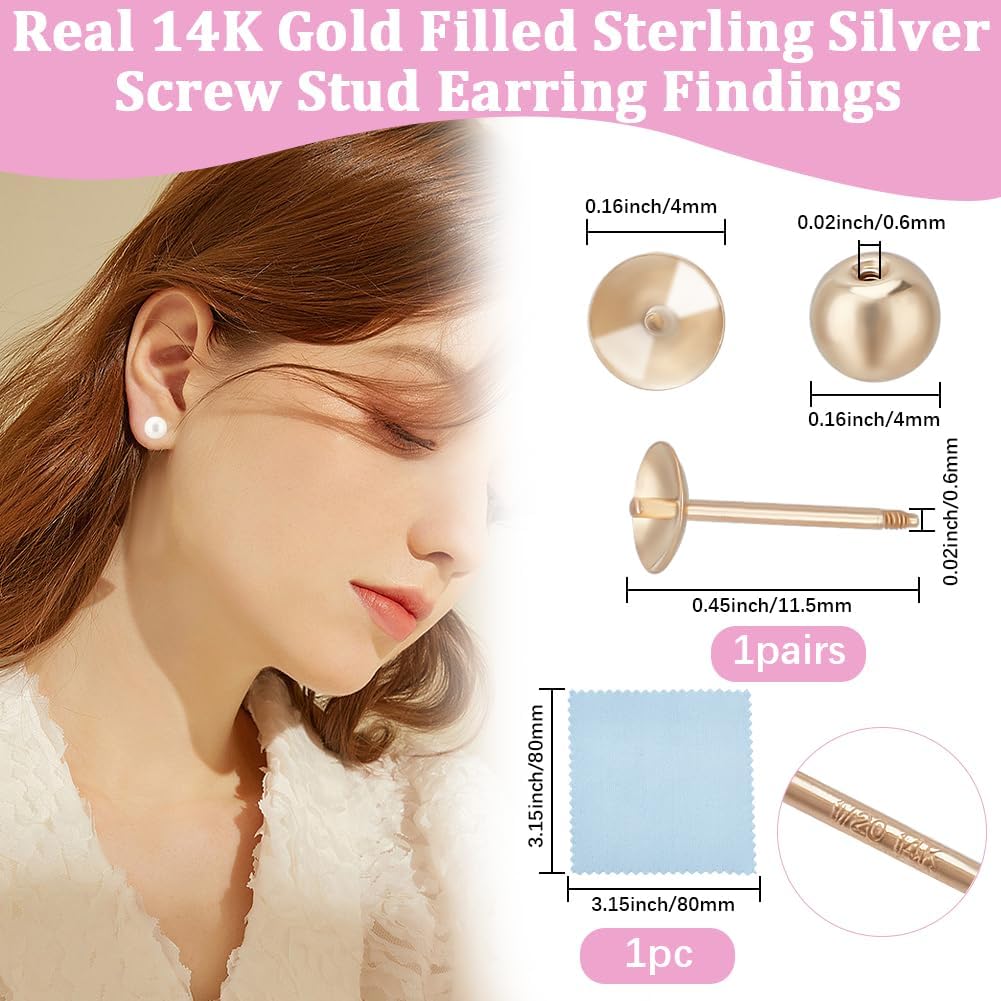 Beebeecraft 2Pcs Pearl Cup Earring Post 14K Gold Filled 925 Sterling Silver Stud Earring Findings for Half Drilled Beads with 2Pcs Screw Ball Backs for Jewelry Making