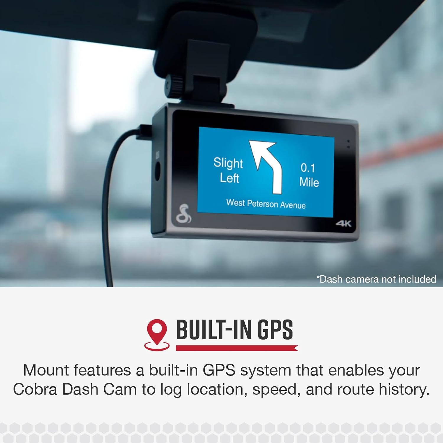 Dash camera screen displaying GPS navigation, illustrating the built-in GPS feature of the mount.