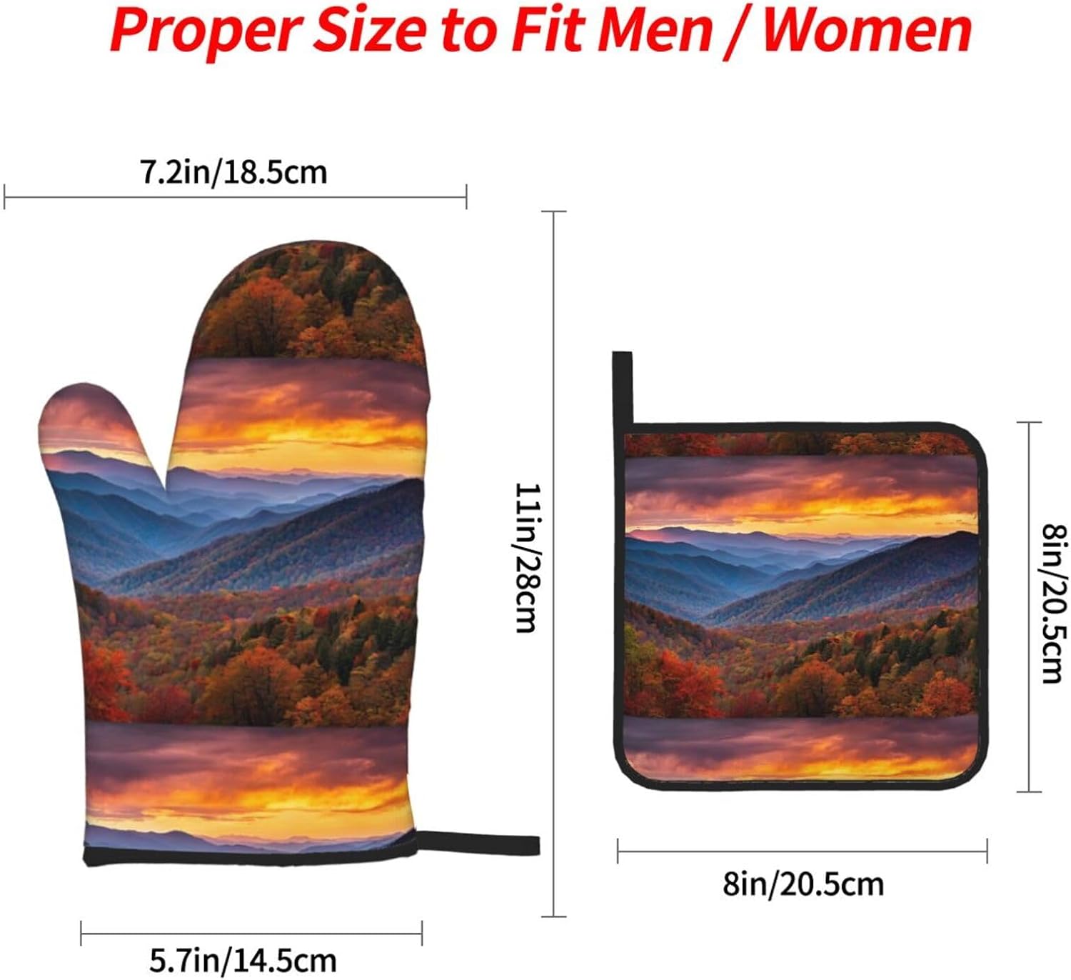 (Blue Ridge Parkway Mountains) Baking 4-Piece Set: 2 Oven Mitts and 2 Pot Holders Heat Resistant Waterproof Hanging Loop for Kitchen Oven Grill Housewarming Gifts