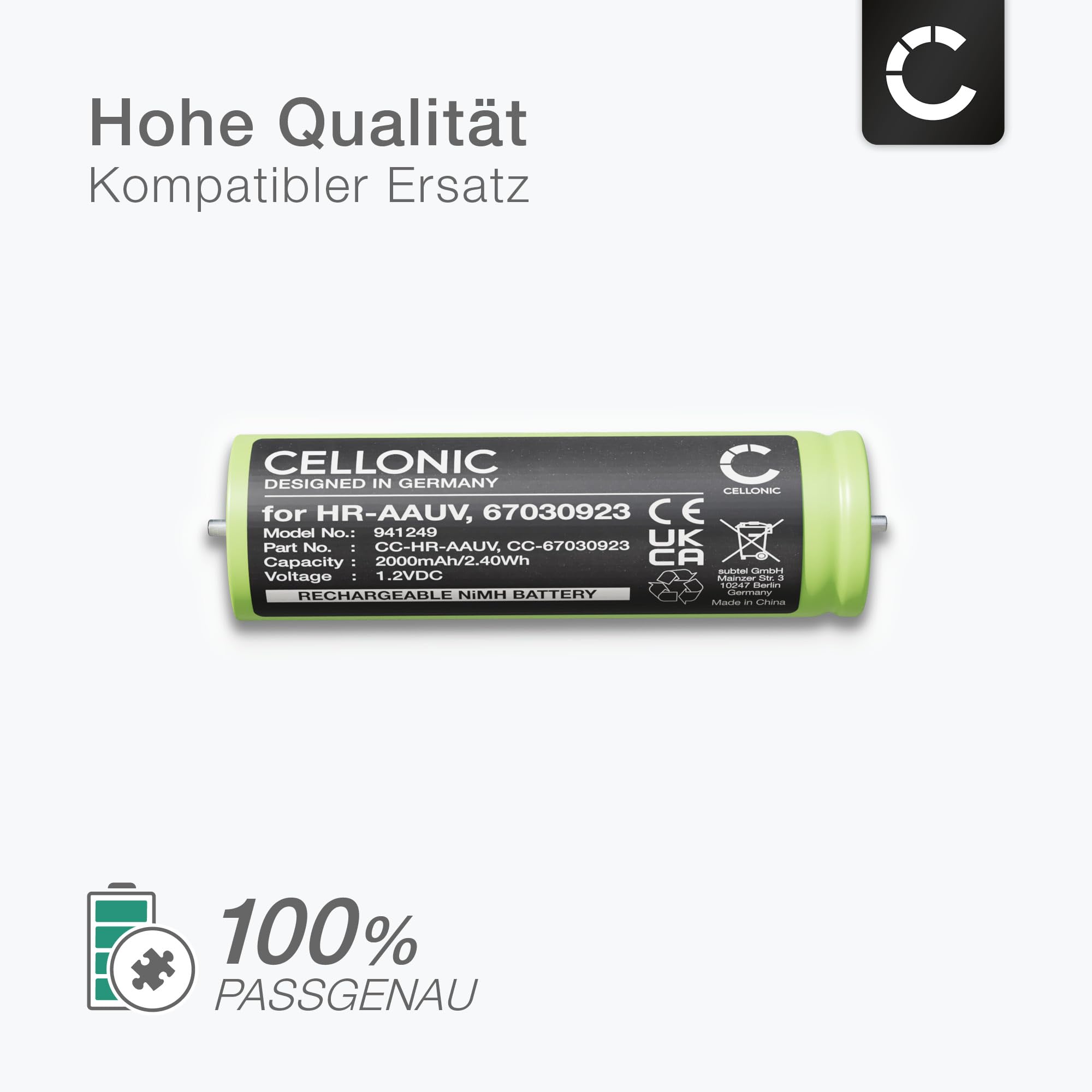 CELLONIC 2X Akku für Rasierer & Haarschneider Kompatibel mit Braun Series 3 300s, Series 3 300BT, Series 3 5408, Kompatibel mit Panasonic WER160L2506 - (2000mAh, 1.2V)