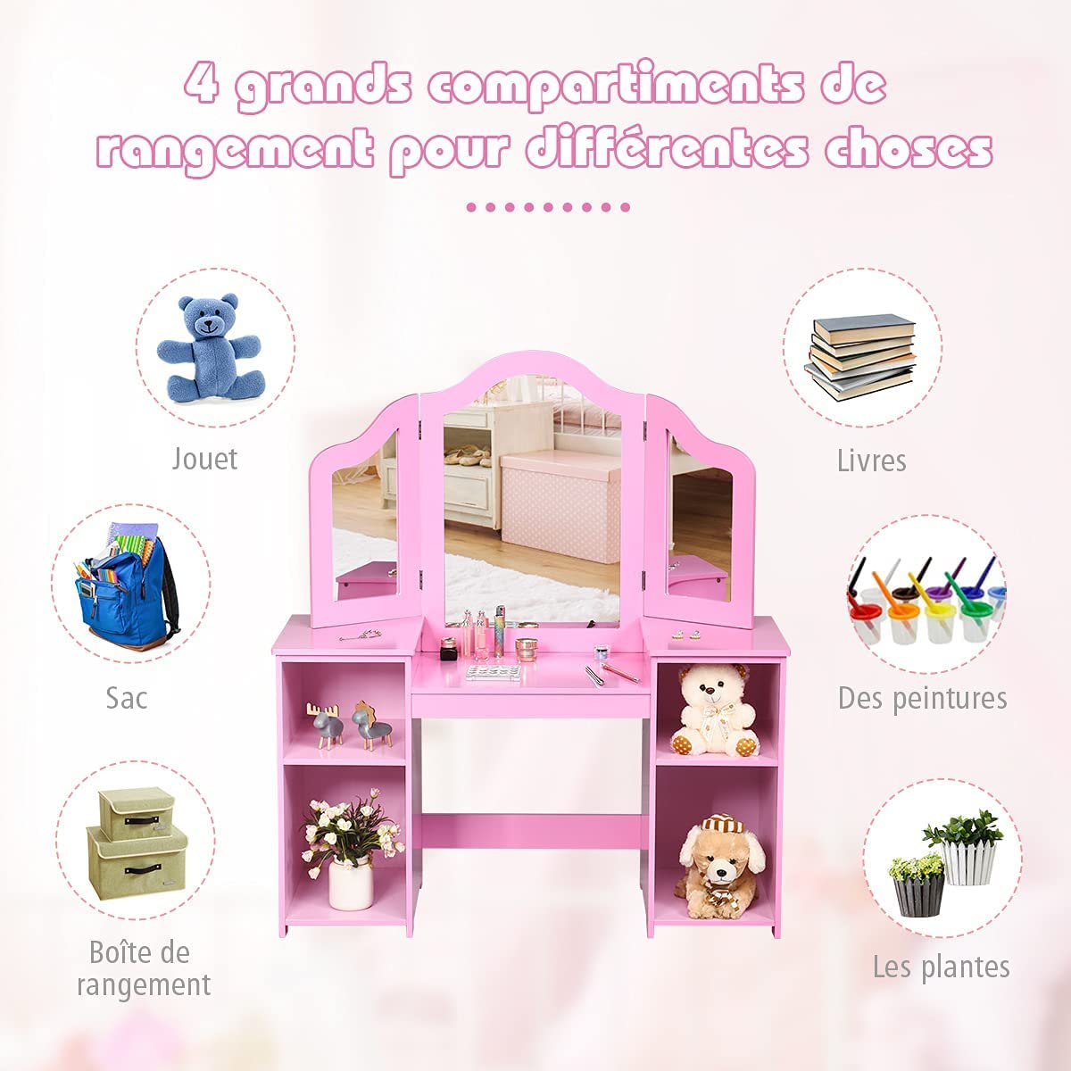 Coiffeuse Enfant 2-en-1 DREAMADE Blanc – Table Maquillage Princesse + Bureau, Miroir Triptyque Amovible, 4 Étagères
