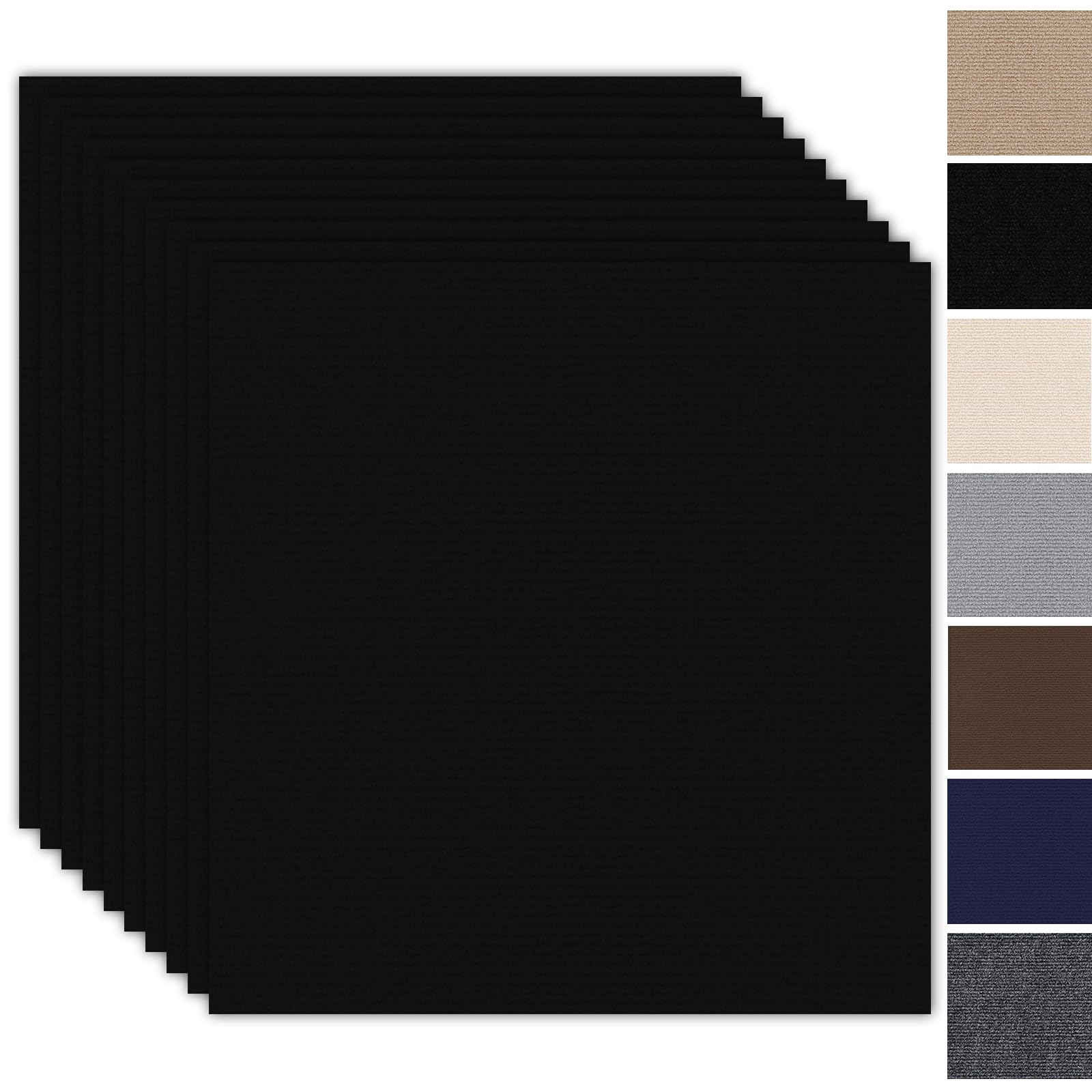 Carreaux de tapis, auto-adhésifs, 50 x 50 cm, lot de 10 pièces, 2,5 m², auto-adhésifs, pour moquette, résistant, pour maison, bureau, commercial, noir