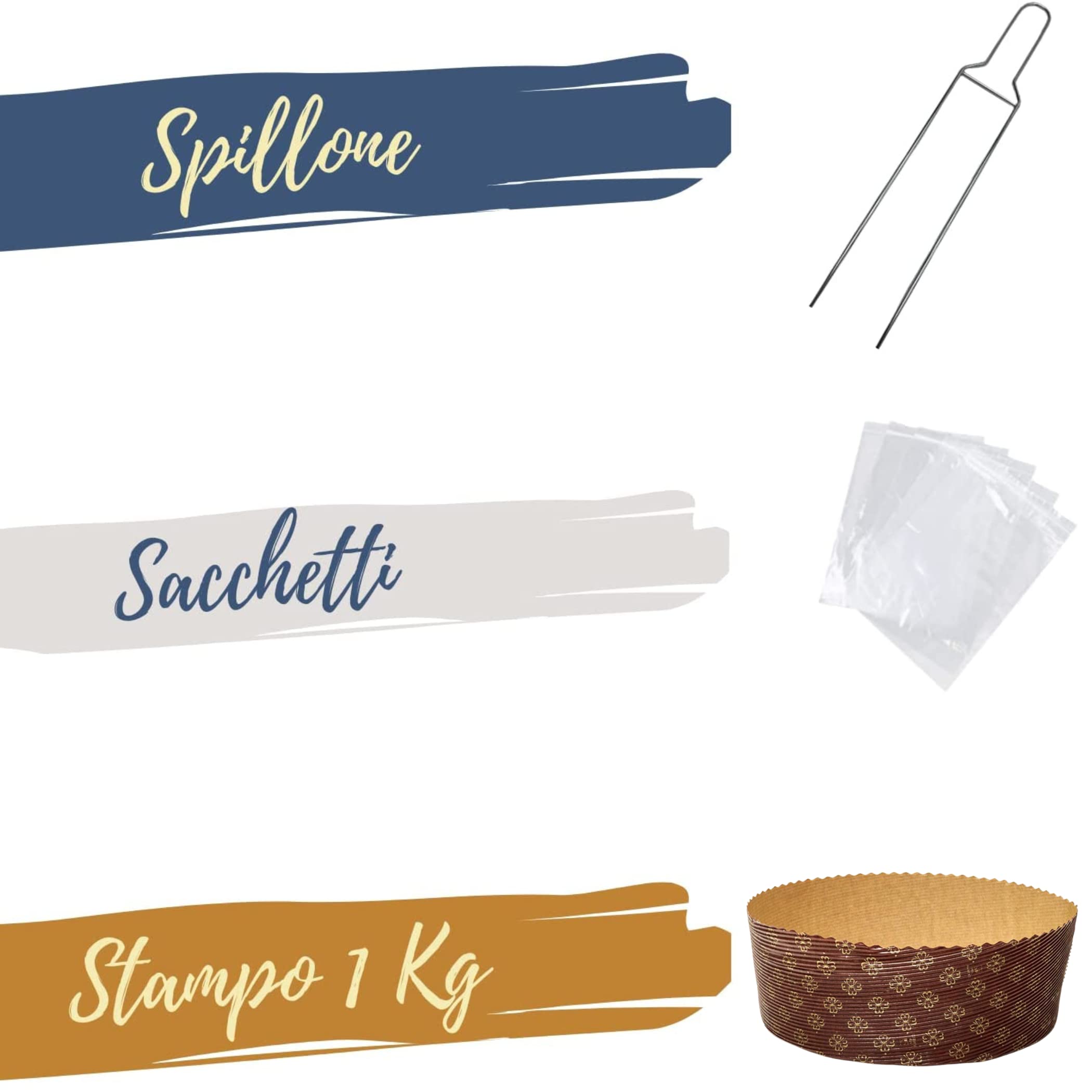 FAH - Kit Stampo Panettone Basso (5pz x 1kg) + Spillone Panettone + 5 Sacchetti con Chiusure, Pirottini Panettone Professionale di Carta Ondulata di Pura Cellulosa, Resistente al Calore 220°C