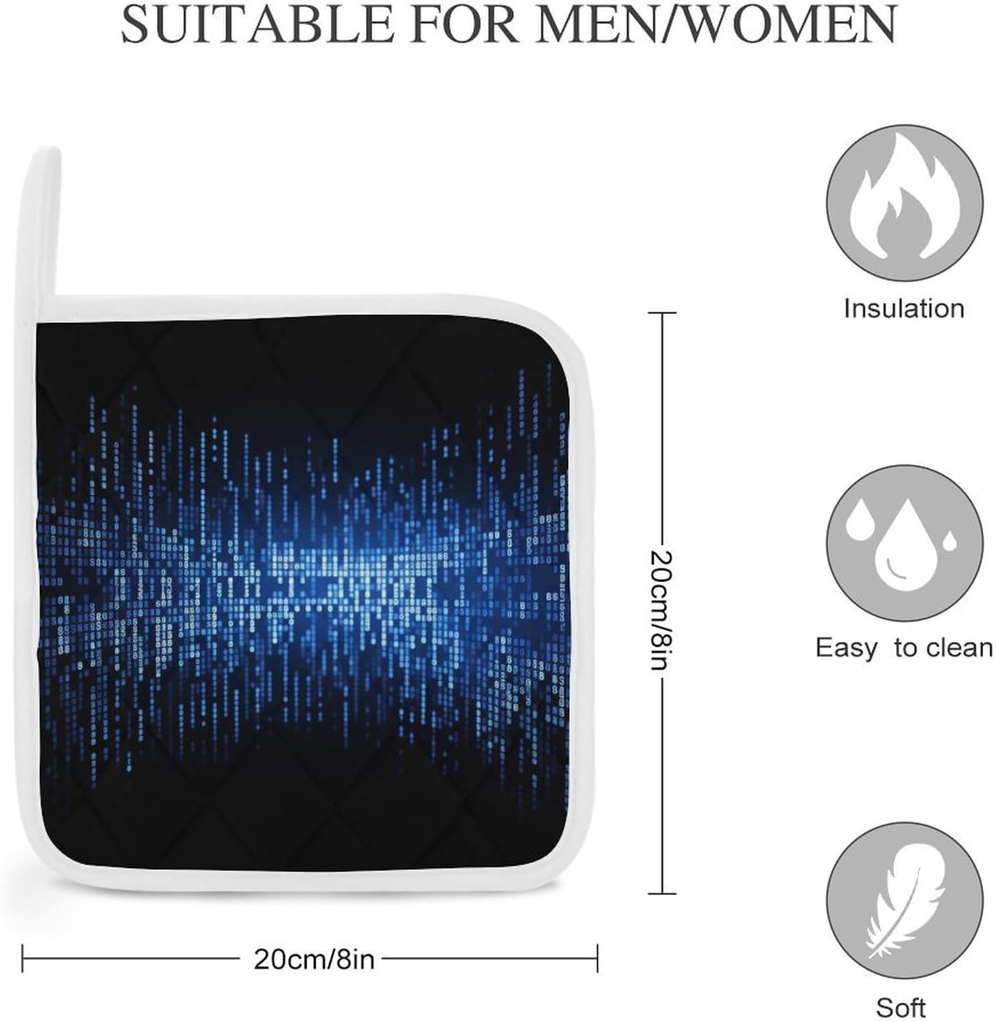 Square Potholders 2-Piece Set,The Blue Binary Printed Kitchen Insulation Mats Heat-Resistant Non-Slip Insulation Mats with Hanging Rings for Kitchen Cooking Baking BBQ