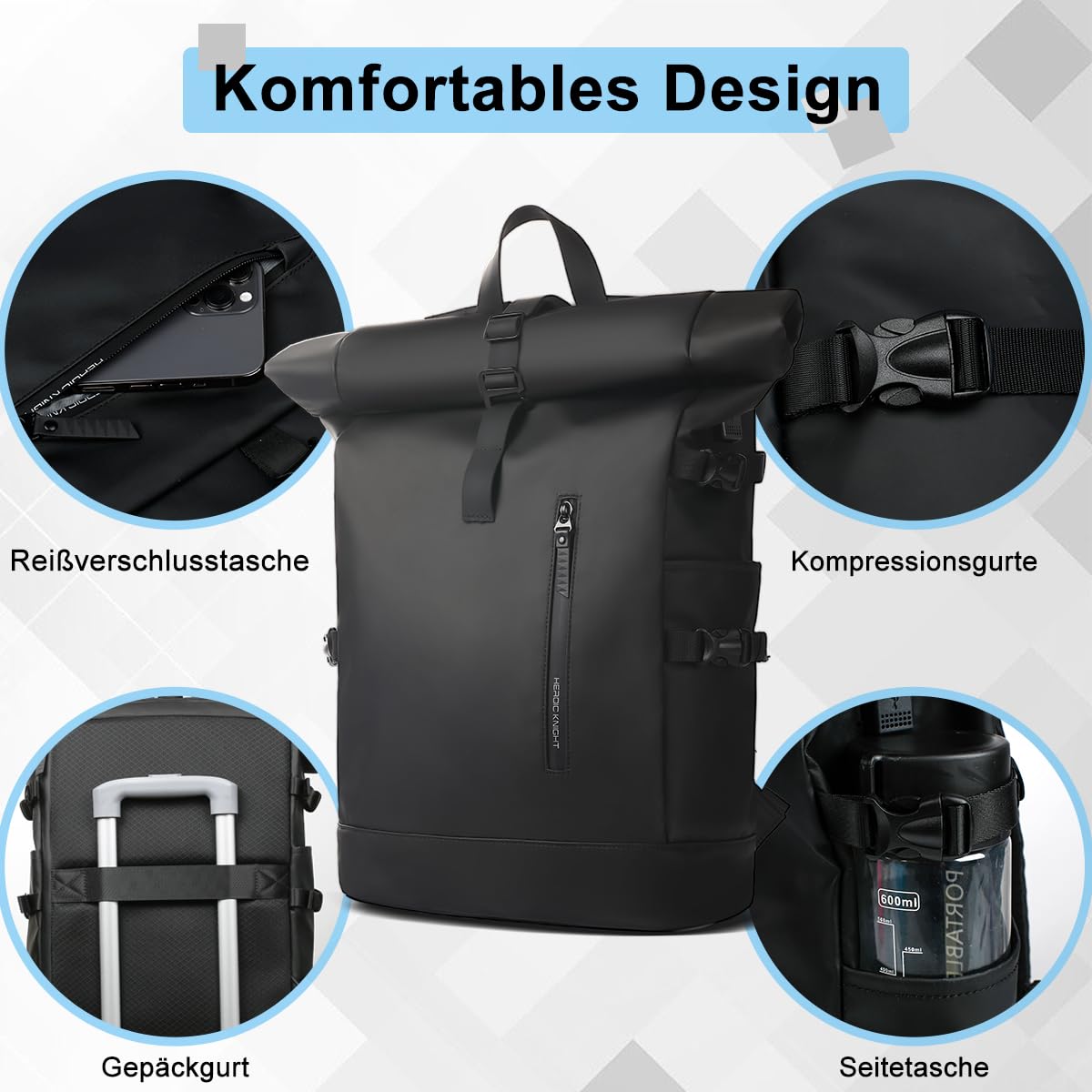 hk RollTop Rucksack Herren Damen 15,6 Zoll Laptop Rucksack Erweiterbar | Großer USB-Ladeanschluss Wasserdichte Anti-Diebstahl Rucksack für Uni Arbeit Reisen Sport