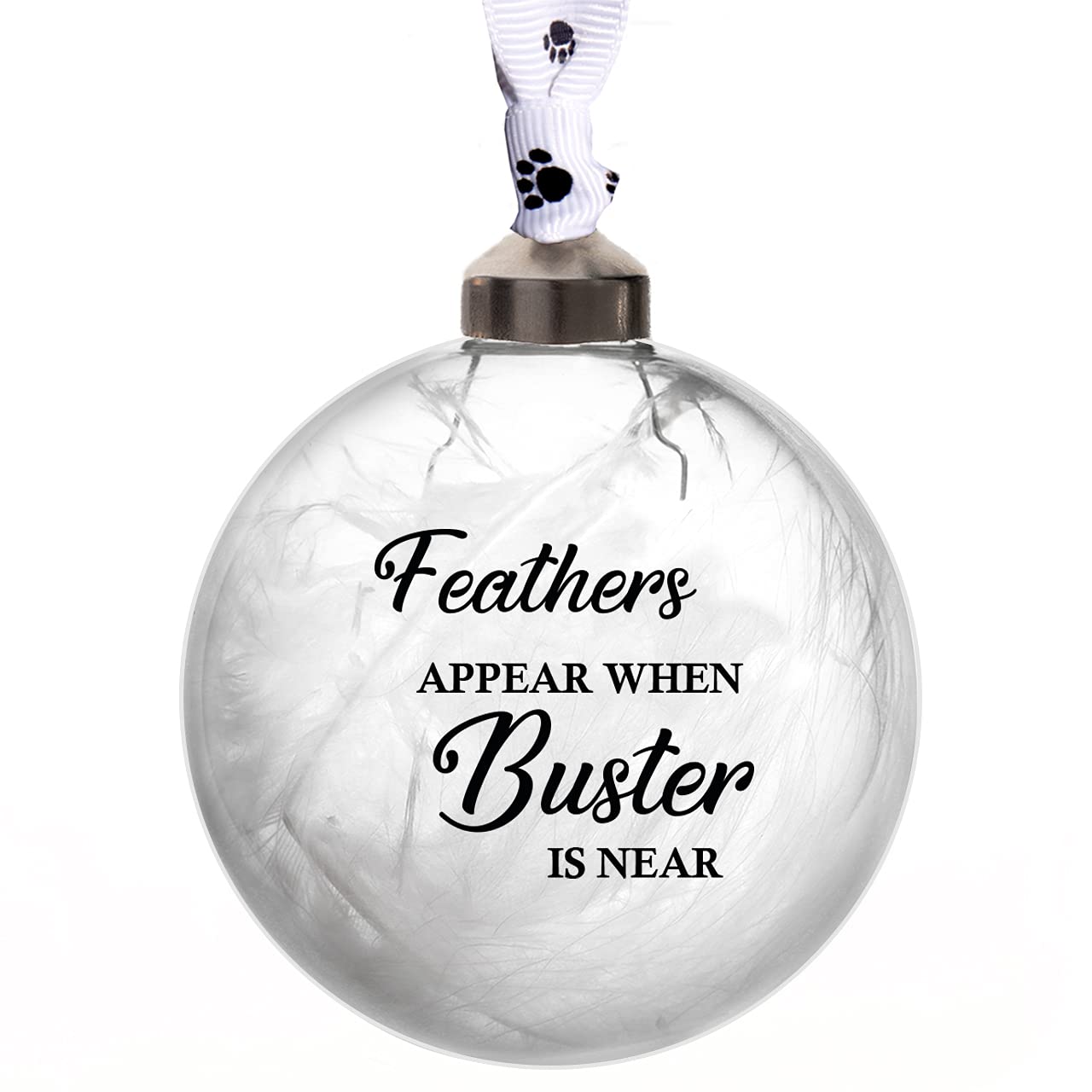 Personalised Memorial Bauble Glass 11 Colours White Feather Filled Feathers Appear Christmas Tree Decoration (Paw Print)