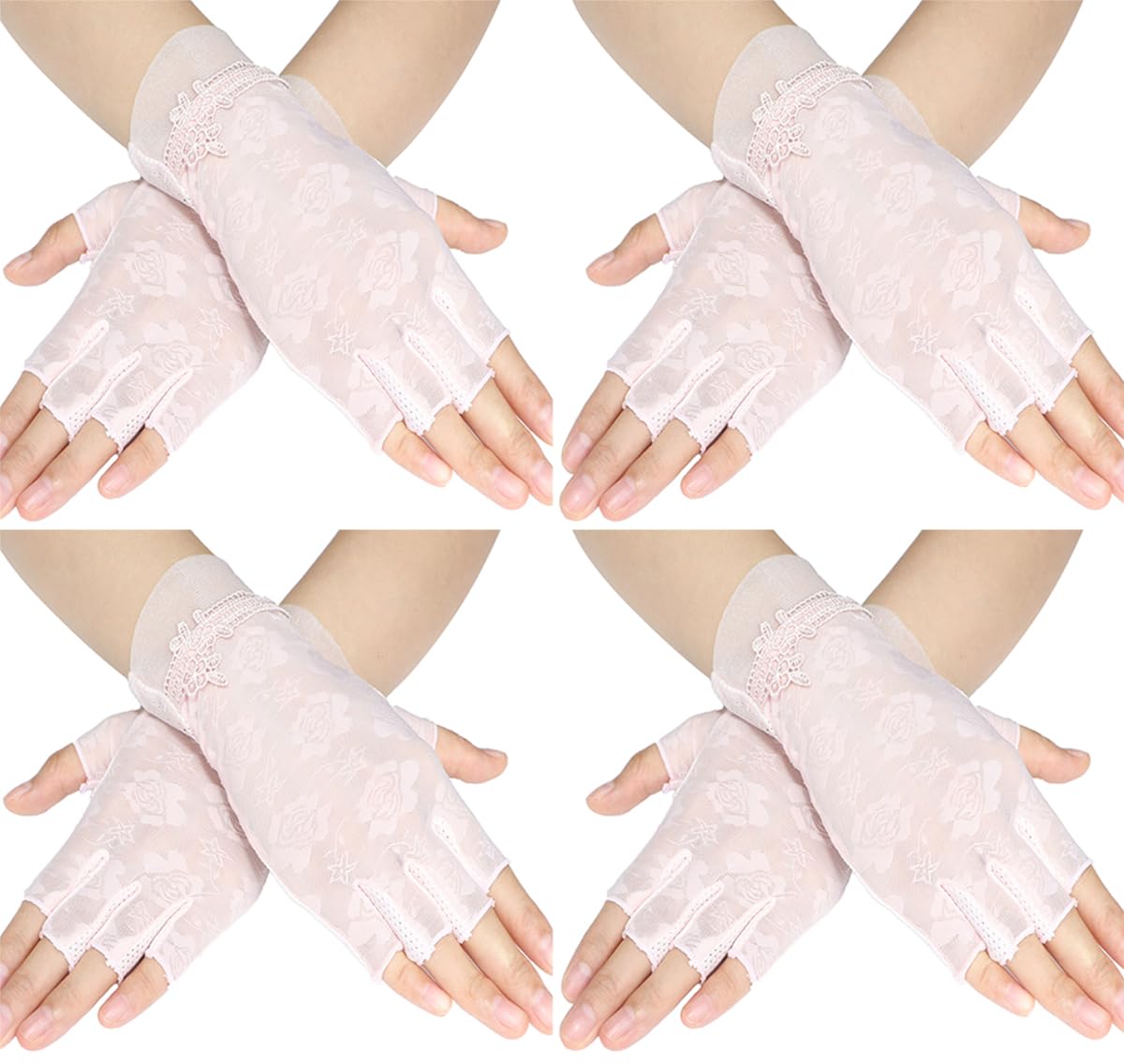 Coolwife Lace Gloves 4 Pairs Women Floral Ladies Bridal Tea Party Vintage Cosplay Fancy Dress Wedding Gloves (Fingerless Pink)