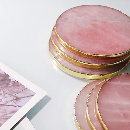 Miniatura 8 de Posavasos decorativos de cuarzo rosa, posavasos redondos de cristal rosa natural, borde dorado, juego de 4 (redondo de 3.5 a 4)