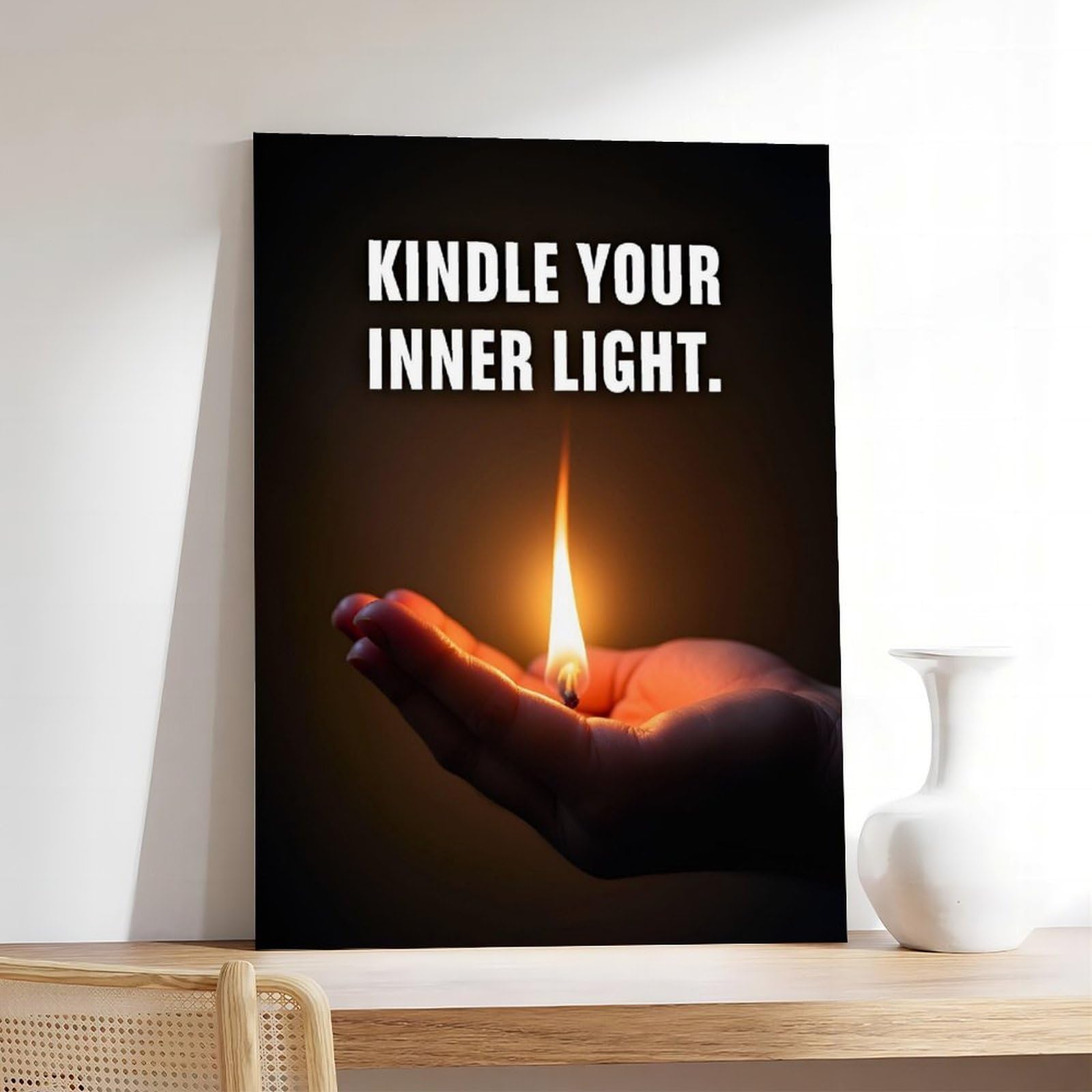QIENAZIO Kunstdruck auf Leinwand, Motiv: Kindle Your Inner Light, inspirierende Zitate, Wandkunst, Schlafzimmer, Büro, Küche, Dekoration, Geschenke, 60 x 90 cm