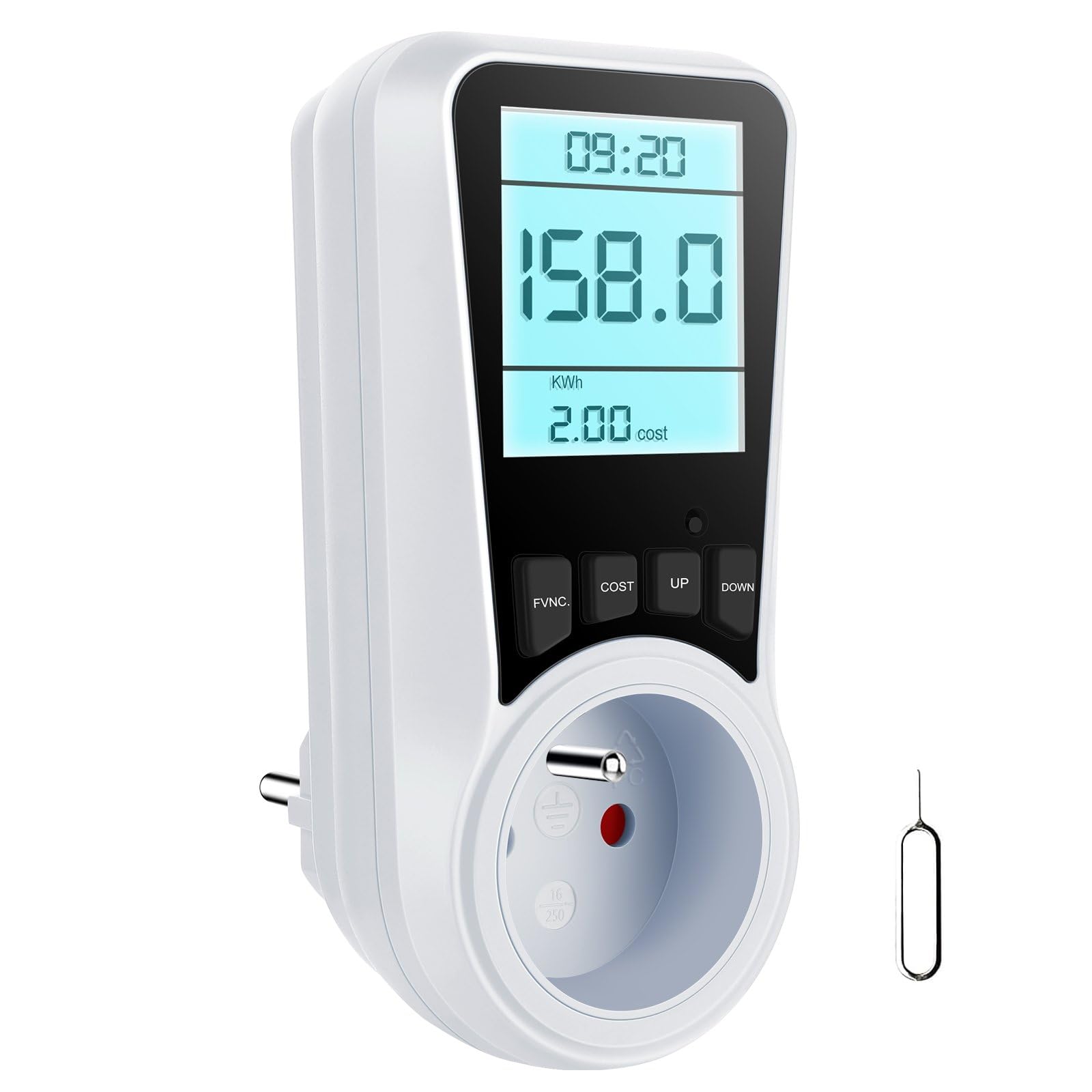 Wattmetro Presa Contatore di Energia, Consumo di Energia con 7 Modalità Monitoraggio, Display LCD Retroilluminato, Presa Consumo di Energia, Sovraccarichi di Protezione, 3680W MAX