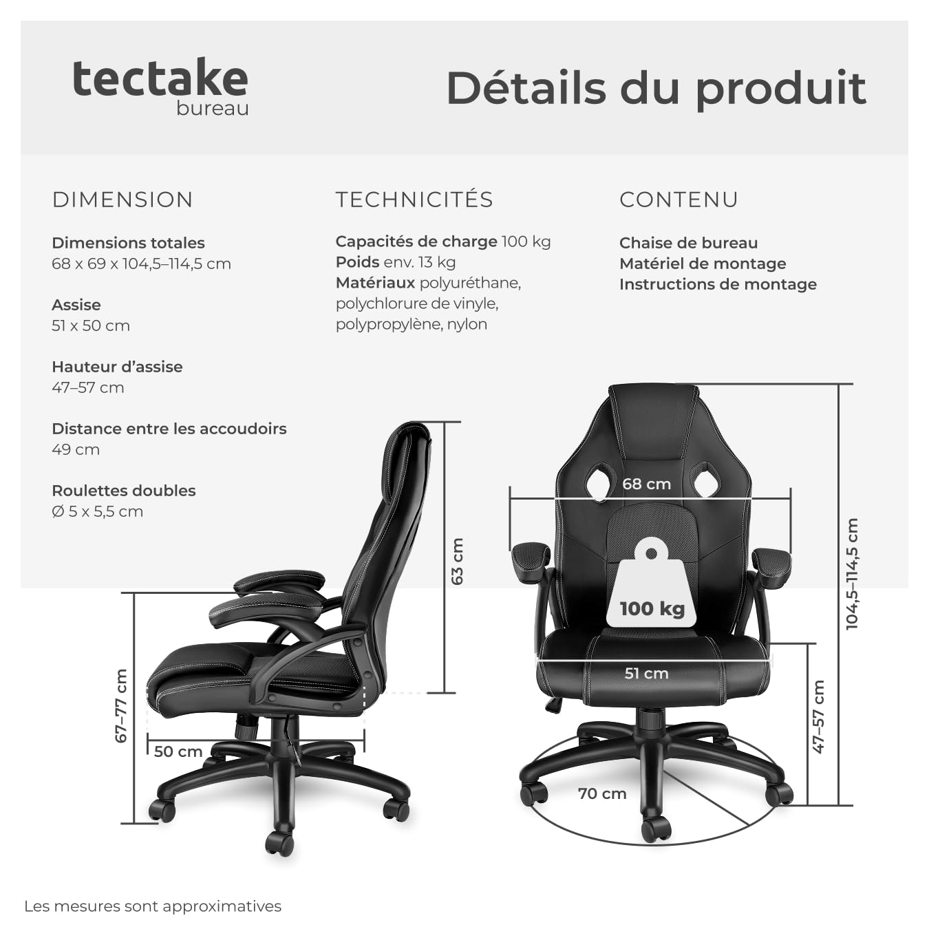 tectake® Chaise Gaming Chaise de Bureau Fauteuil de Bureau Fauteuil pivotant Design 360°, Siege Ergonomique, Fauteuil avec Accoudoirs, Rembourrage épais, Roulette, Hauteur réglable, Teletravail