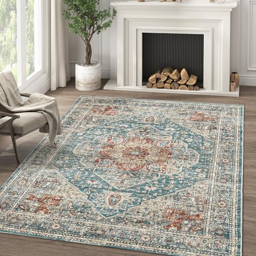 jinchan Area Rug 4x6 Medallion Floral Washable Rug Accent Floor Cover Non Slip Living Room Vintage Mat Retro Thin Soft Carpet for Bedroom Dining Room Kitchen Distressed Blue 4' x 6' (Rectang