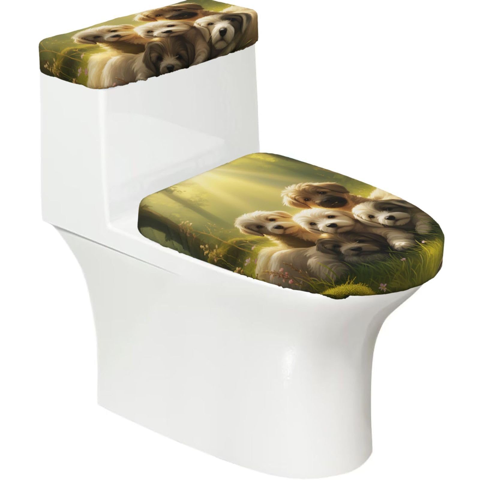 X Psblty Puppies Dog Toilet Seat Cover Set 2 Piece Bathroom Decor Toilet Lid Cover With Tank Top Cover Stretch Fit Soft Fabric For Home 15-21 Inch