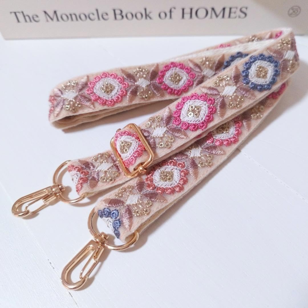 PM250| インド刺繍リボン ショルダーストラップ ピンクベージュ 花 <0610zインド刺繍リボンスマホショルダー>