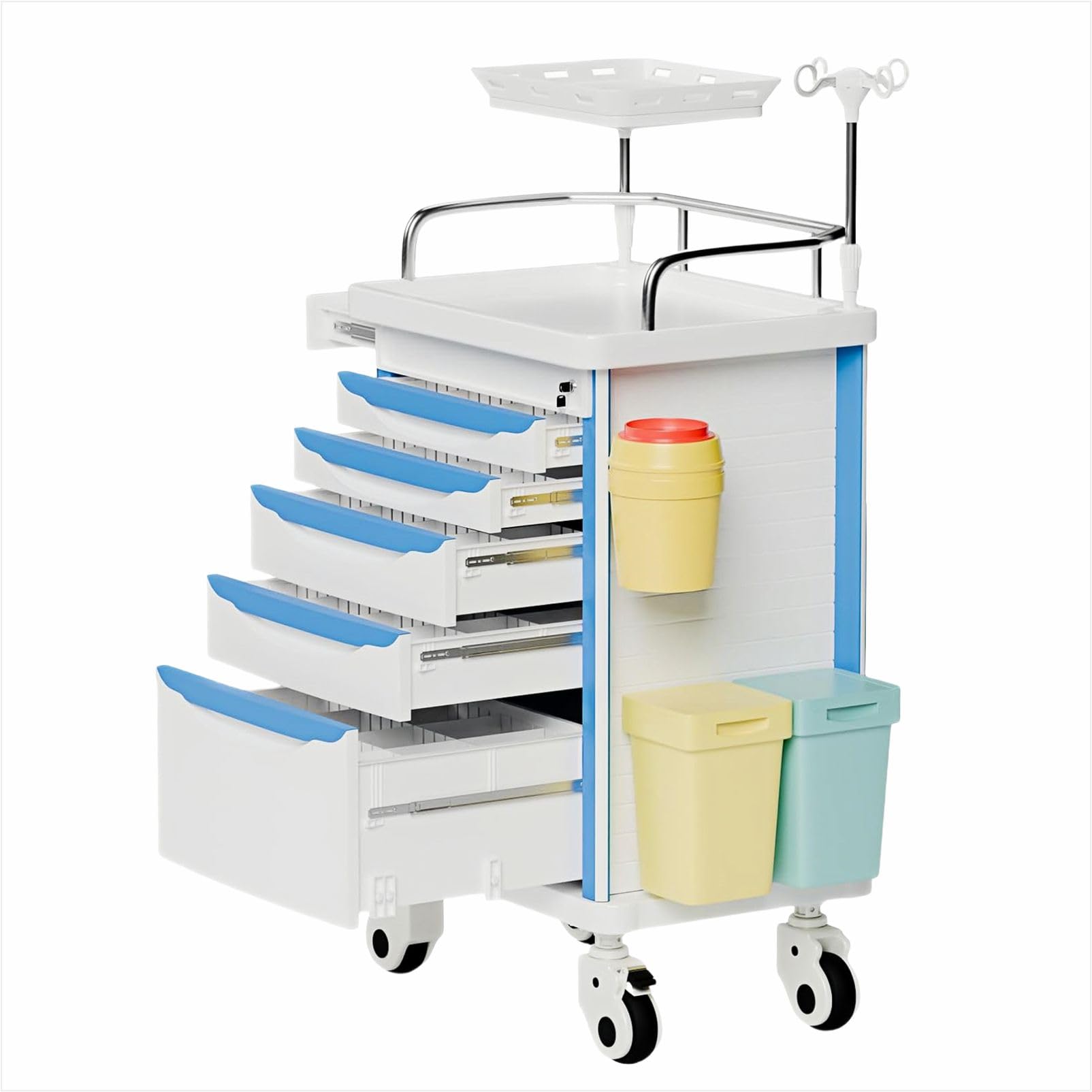 Carrello di emergenza con accessori IV Pole, scheda cardiaca, supporto O2, carrello mobile, bidone della spazzatura, cassetto per clinica, centro infermieristico, 76,2 cm L x 48,3 cm L x 96,5 cm H