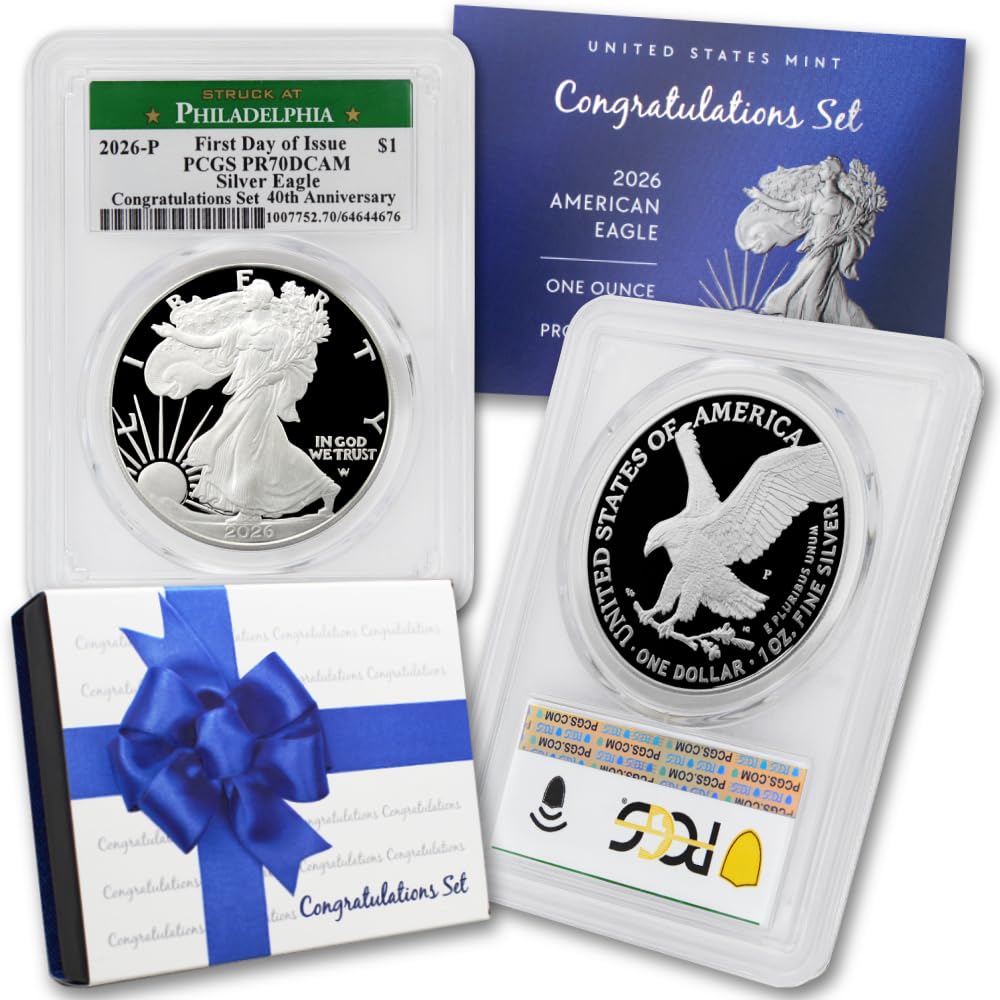 2026 P 1 oz American Silver Eagle Proof Coin PR-70 Deep Cameo (First Day of Issue – Congratulations Set – 40th Anniversary – Struck at the Philadelphia Mint) with Official Government Packaging $1 PCGS PR70DCAM