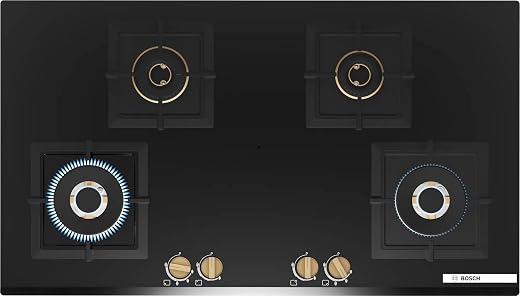 Bosch Built in Gas Hob Black Tempered glass Glass 4 Burner Auto Ignition 90 cm Full Brass 3D Ring Burners with Matt Black ...