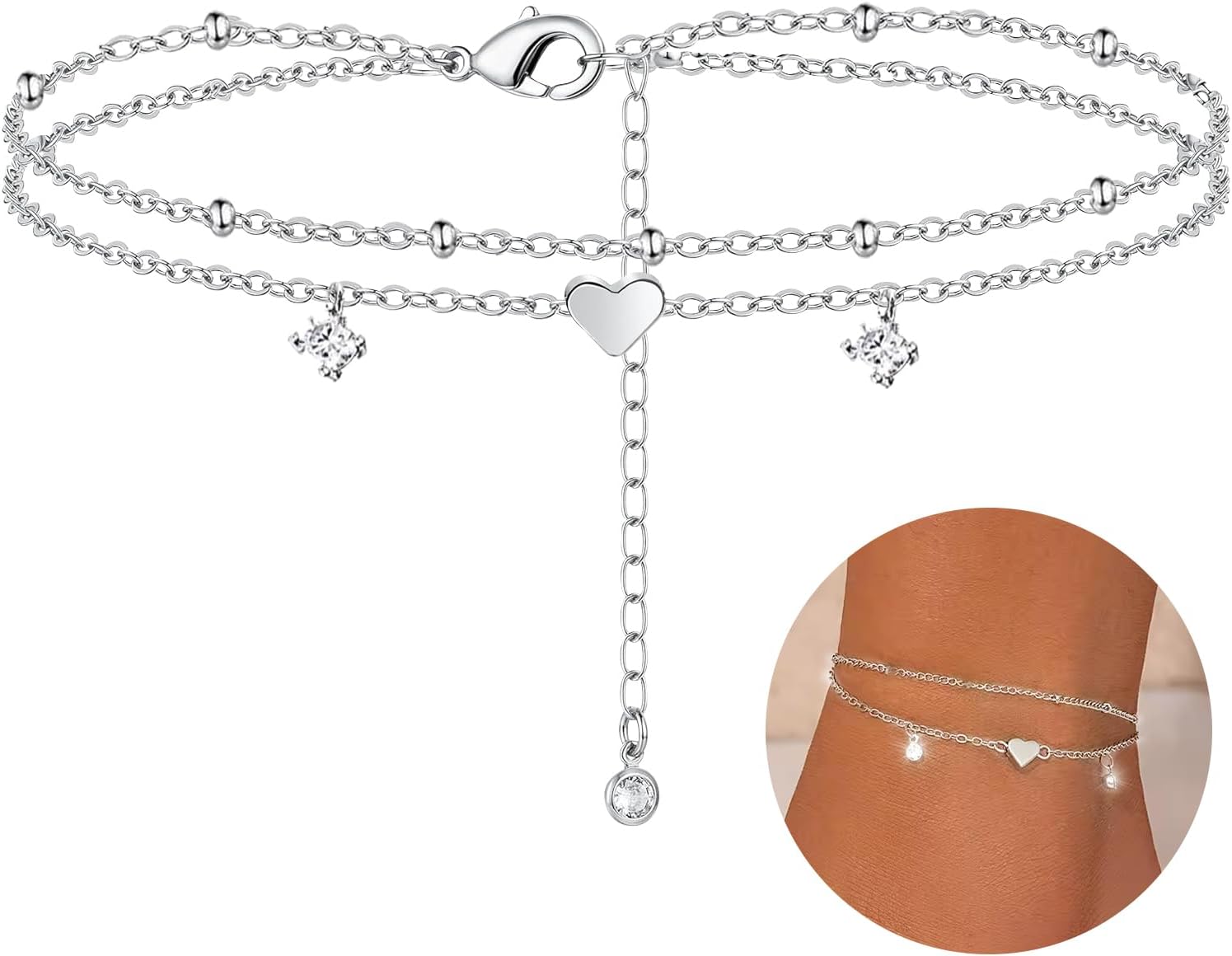 Anklet Bracelets for Women, Layered Heart Ankle Bracelet Silver Plated Cubic Zirconia & Heart Charm Anklets for Women, Summer Foot Jewelry Anklets Set Gifts for Her