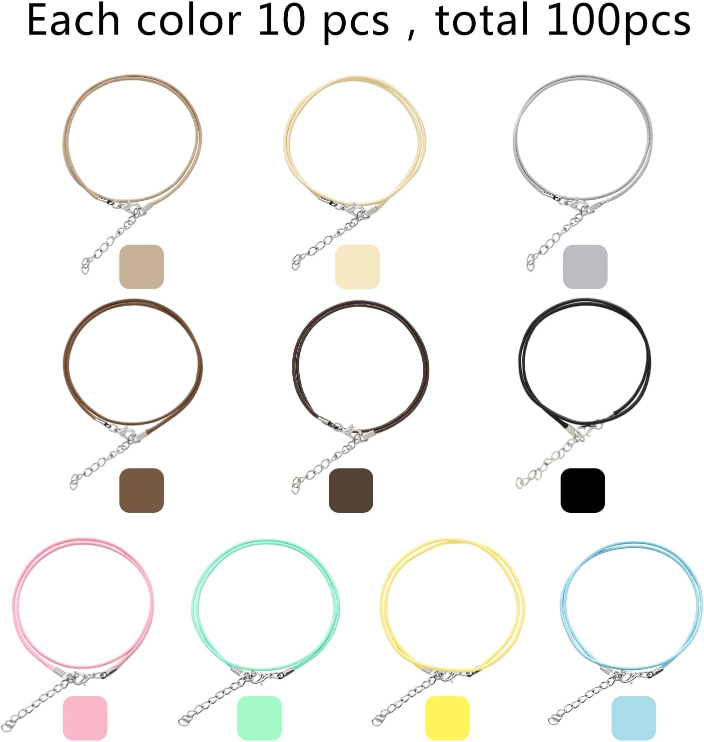 100 Pcs Waxed Necklace Cord with Clasp Bulk Necklace String Bracelet Rope Cords for Jewelry Making Pendants DIY Supplies (Multicolor-10, 18 Inches)