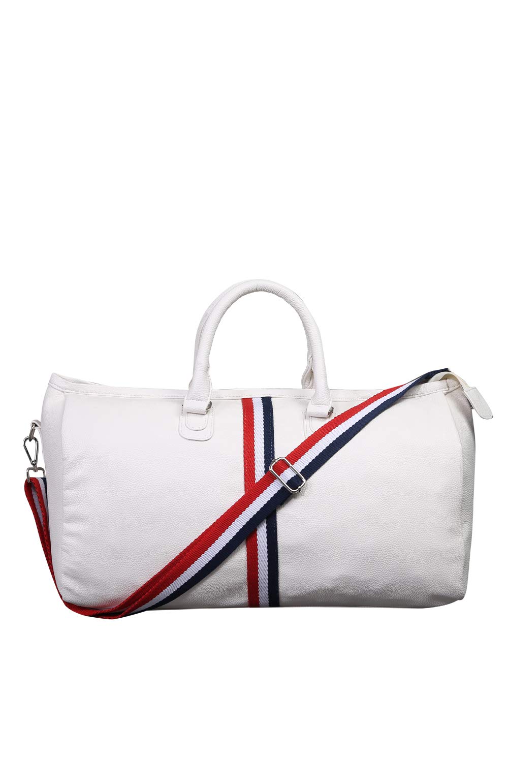 STRUTT White Premium Faux Leatherette Stylish & Lightweight Travel Duffle Bag for Women, Duffel Bag for Travelling & Gym - Blue & Red Stripes