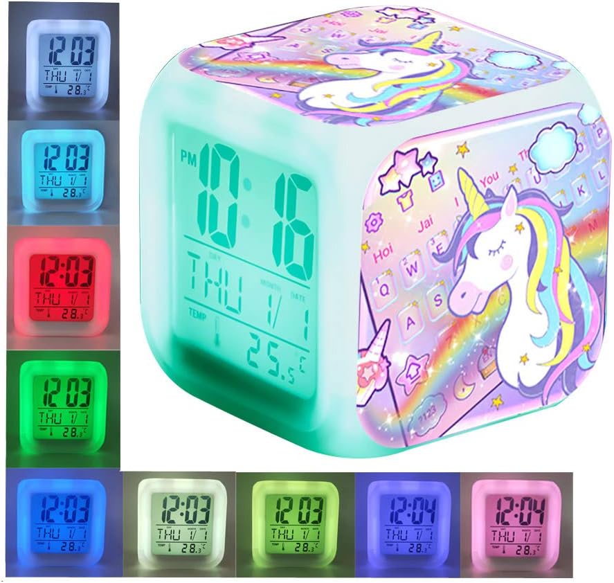 CoolGadget Unicorn Alarm Clock for Girls,Bedside Digital Clock with 7 LED Night Light Table Cube Wake Up Clock Display Time Temperature Alarm Date