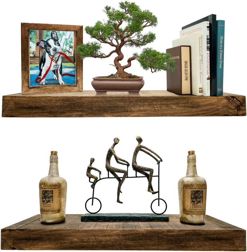Darvish & Saints Rustic Floating Shelves [Solid Wood] - Natural Grain, Farmhouse Distressed, True Flush Hidden Brackets, Modern Barn Shelf, Livingroom, Kitchen [Set of 2, Espresso Walnut, 24x6x2in]