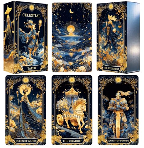 Celestial Tarot Deck, Unique Tarot Cards for Beginners with Blue Gold Edge, Divination and Spiritual Divination Tool