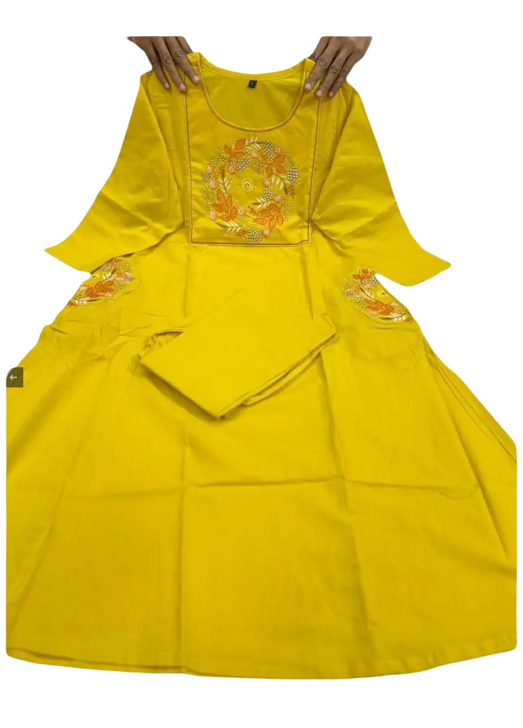 Embroidered A-Line Kurti Set (Mustured Yellow, XXL)
