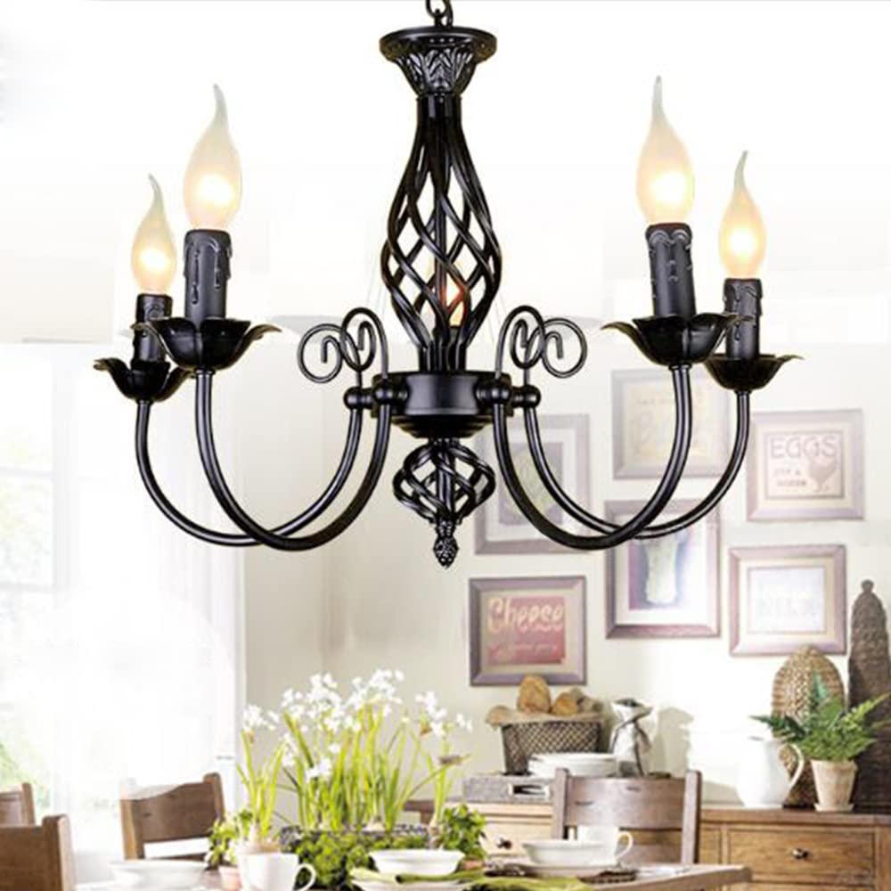 Antik Kronleuchter Klassische E14 Kerze Pendelleuchte Französischer Hängelampe Retro Schwarz Pendellampe Höhenverstellbar Landhausstil Wohnzimmer Licht Küche Esszimmer Gang Beleuchtung,5 heads