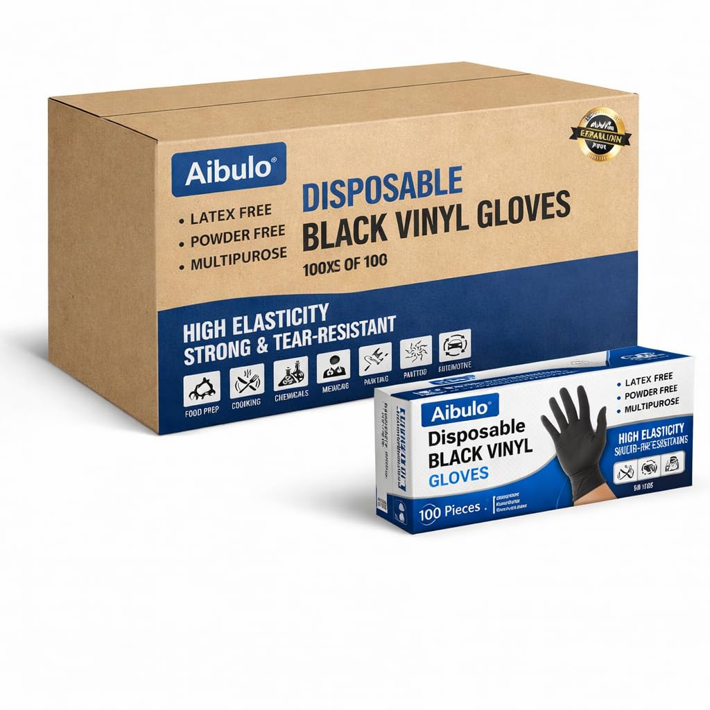 AIBULO 1000 Black Disposable Gloves Medium | Vinyl Gloves Latex Free & Powder Free | Strong Protective Gloves for Food Prep, Cleaning, Hair Dye, Mechanic & Medical Use | Small Size (10 Boxes of 100)