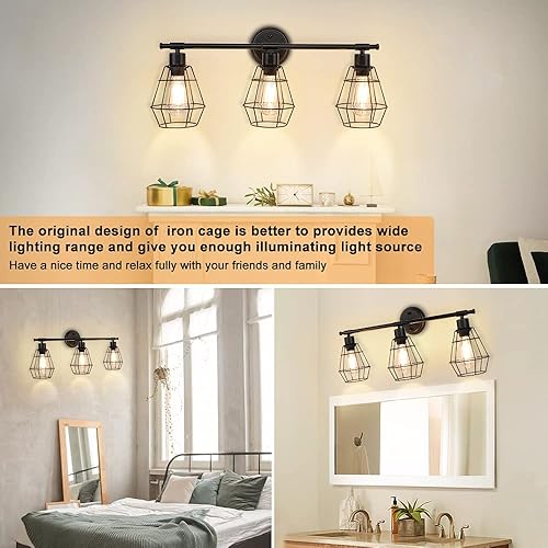 Miniatura 2 de Depuley Lámparas industriales de tocador de baño de 3 luces, lámpara de pared de baño de granja, apliques de pared de jaula de metal vintage para